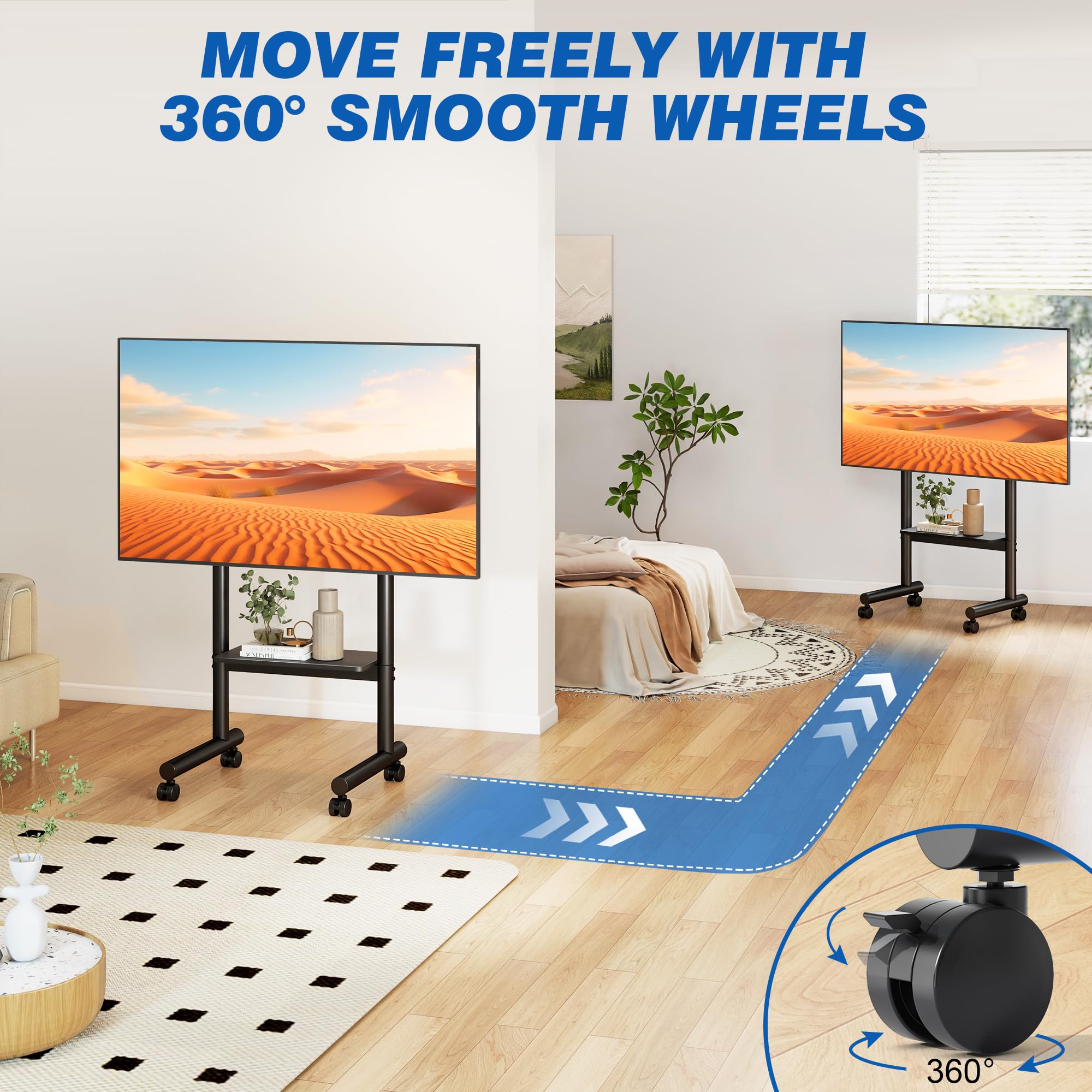 5Rcom TV Ständer Rollbar Fernsehständer für 32-70 Zoll Fernseher,Mobile TV-Ständer TV-Wagen mit Ablage bis 50 kg, Höhenverstellbarer Boden-TV-Ständer auf Rädern