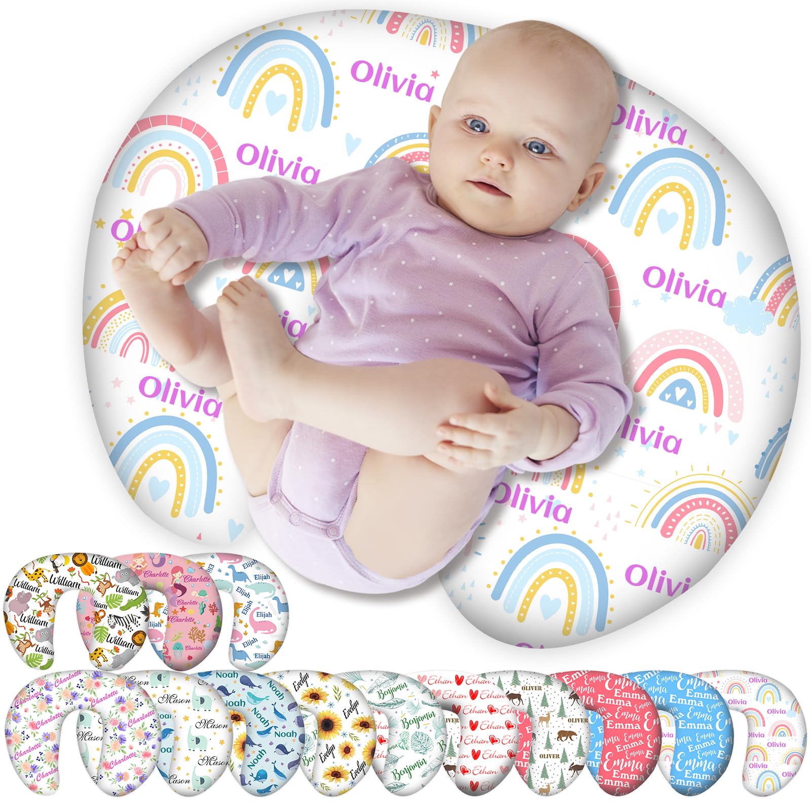 Personalised Nursing Pillow Cover Custom Baby Pillow Case with Name for Girl Boy Newborn Breastfeeding Pillow Baby Showers GiftsWhite-rainbow
