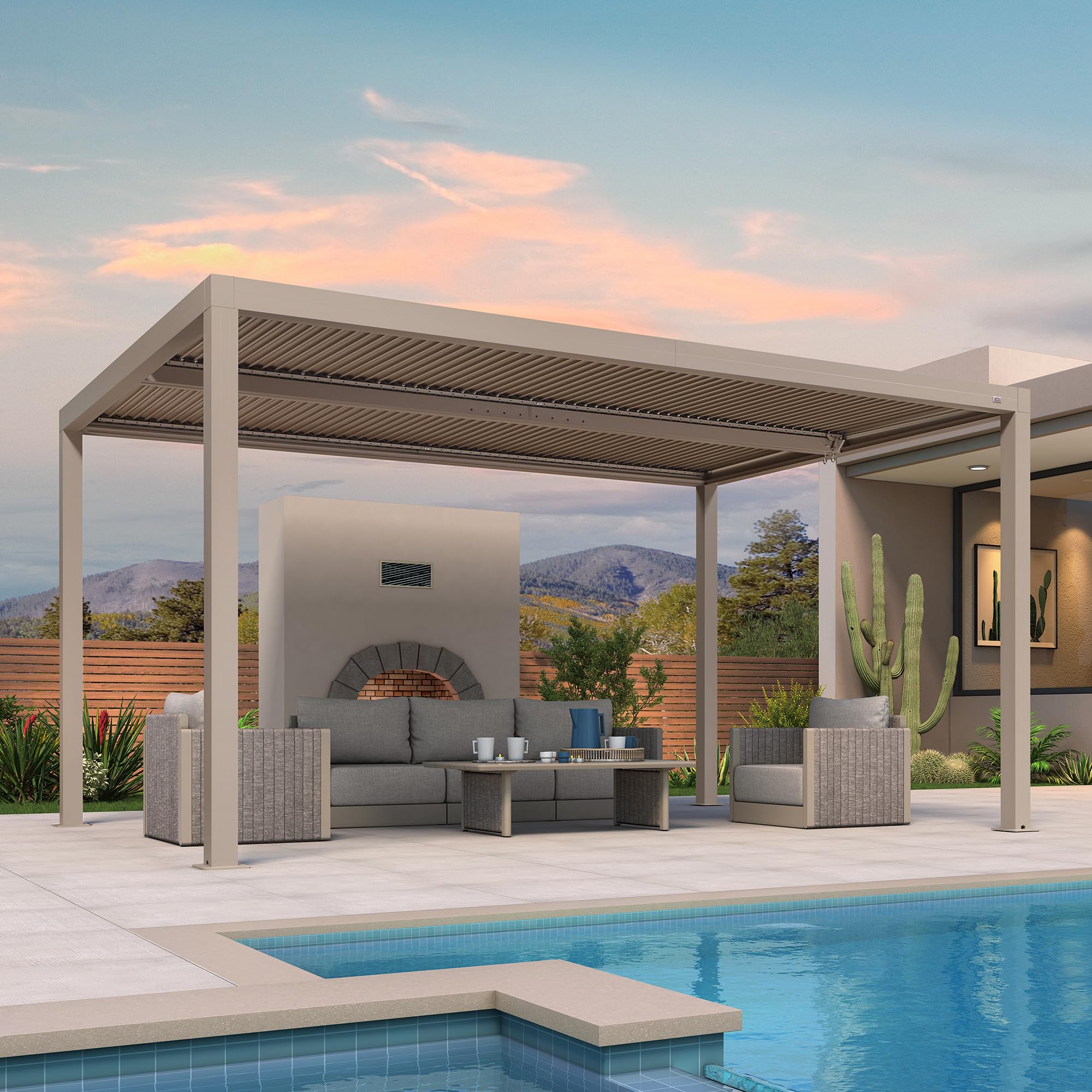 PURPLE LEAF Pérgola bioclimática 4,6 x 3 m, pérgola de jardín exterior en aluminio, cenador de jardín exterior sin mantenimiento con sistema de drenaje para terraza y balcón, color champán