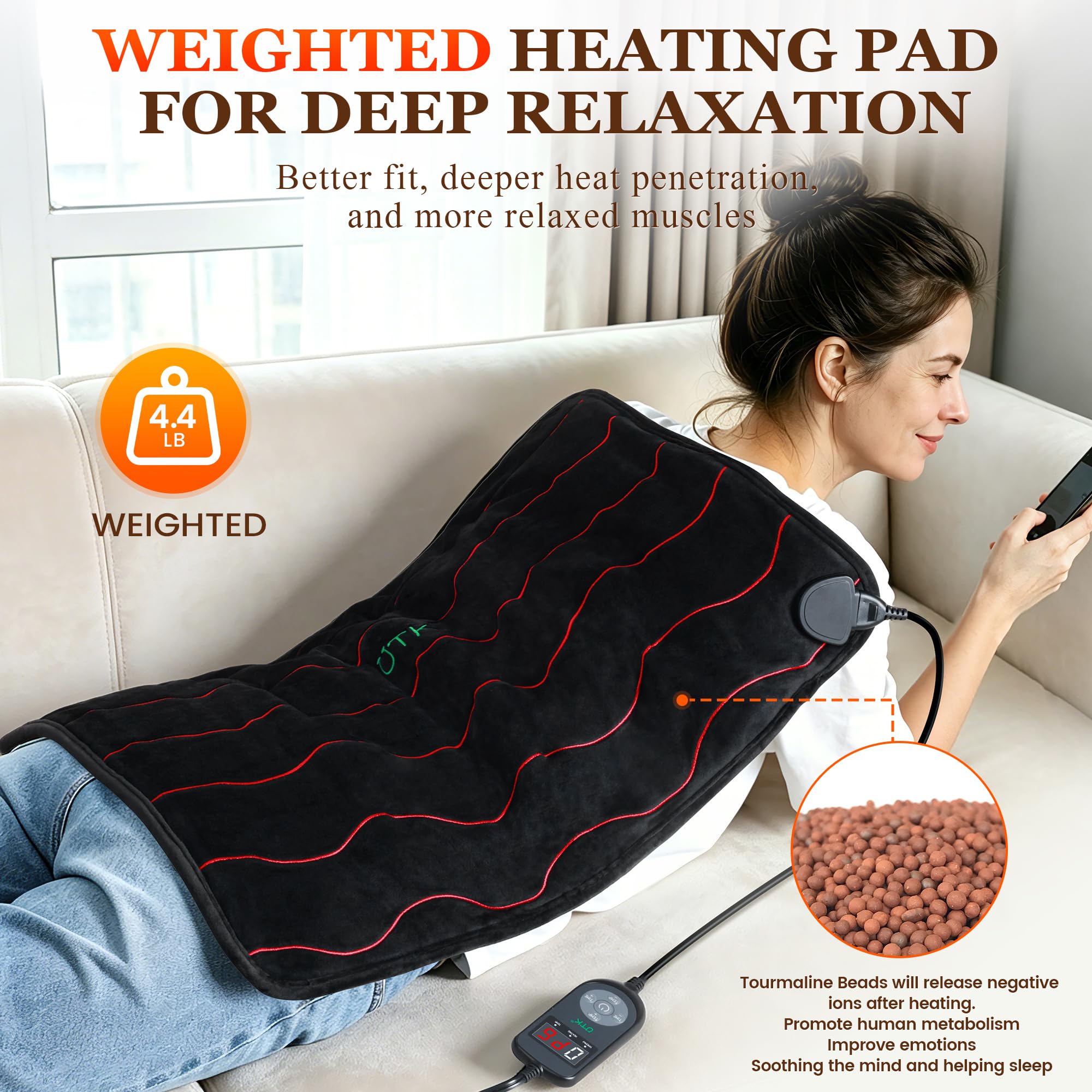 UTK Almohadilla térmica grande por infrarrojos lejanos para aliviar el dolor de espalda, almohadillas térmicas eléctricas XL con turmalina para cuello y hombros, calambres menstruales, regalos para