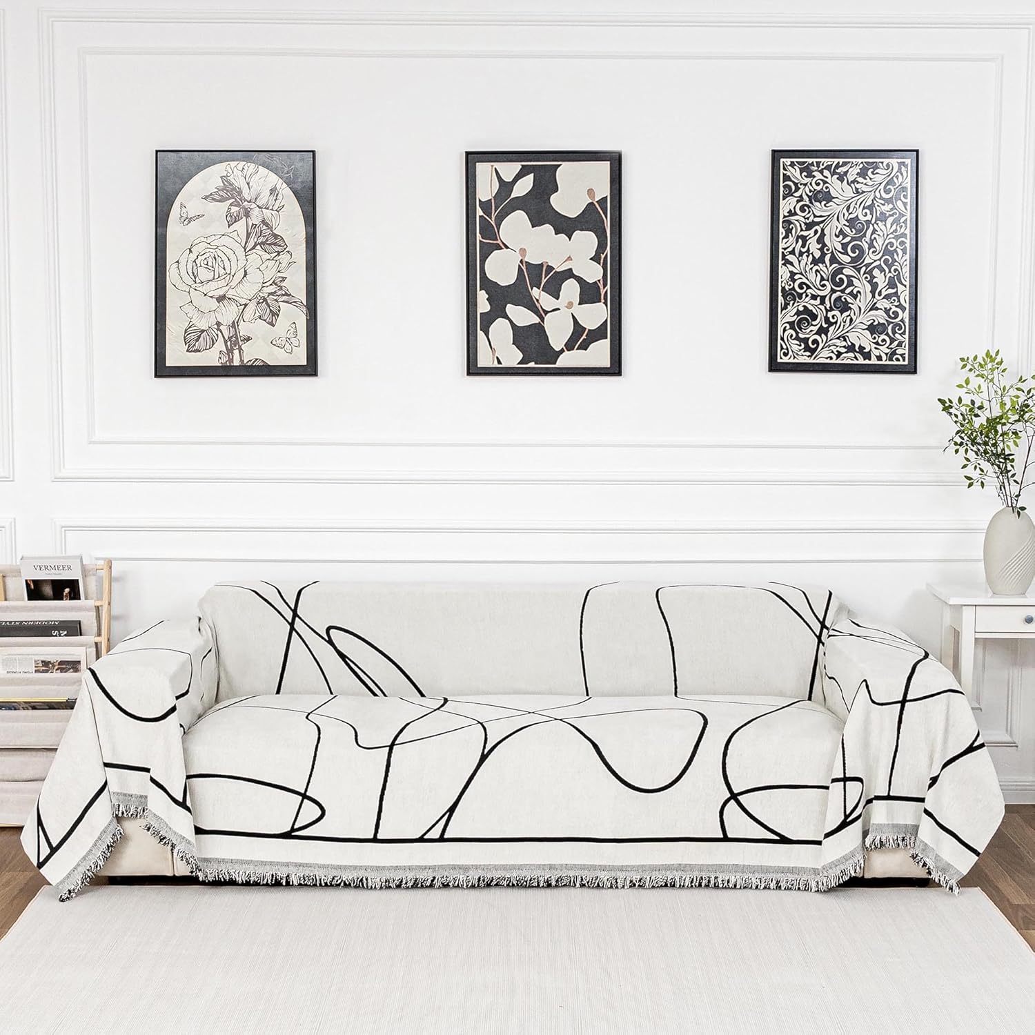 MEETSKY Sectional Sofa Covers Couch Covers for 2 Cushion Couch Sofa Chenille Couch Cover Living Room Multi-Use L Shaped Sofa Slipcovers for Dogs Cats Tassel Edge 71" x 118", Black Curve