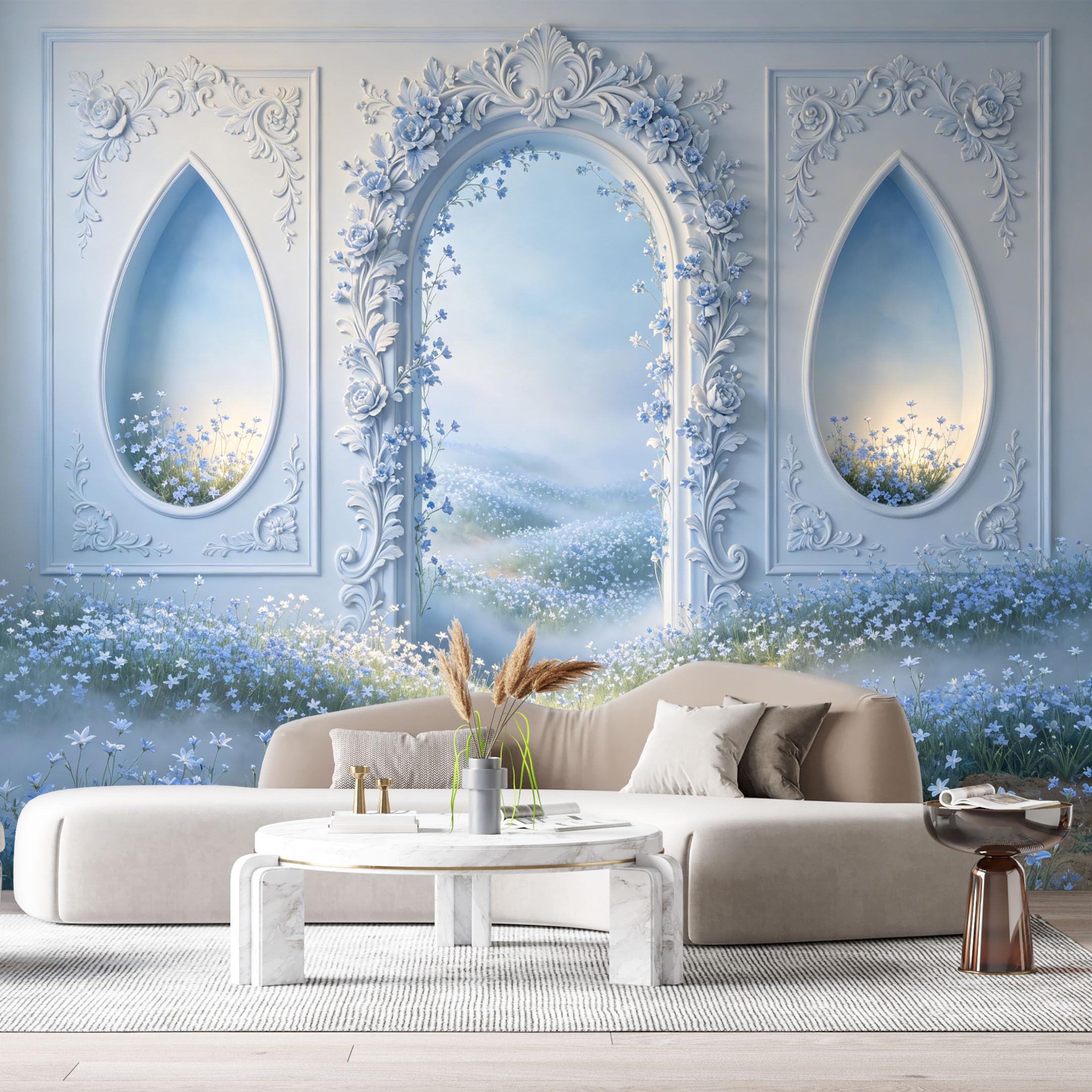 Custom Size Wall Murals Dreamy Blue Floral Archway Landscape 3D Trompe L'Oeil SelfAdhesiveWall Fabric Removable Wallpaper Wall Decor for Living Room Bedroom Bathroom