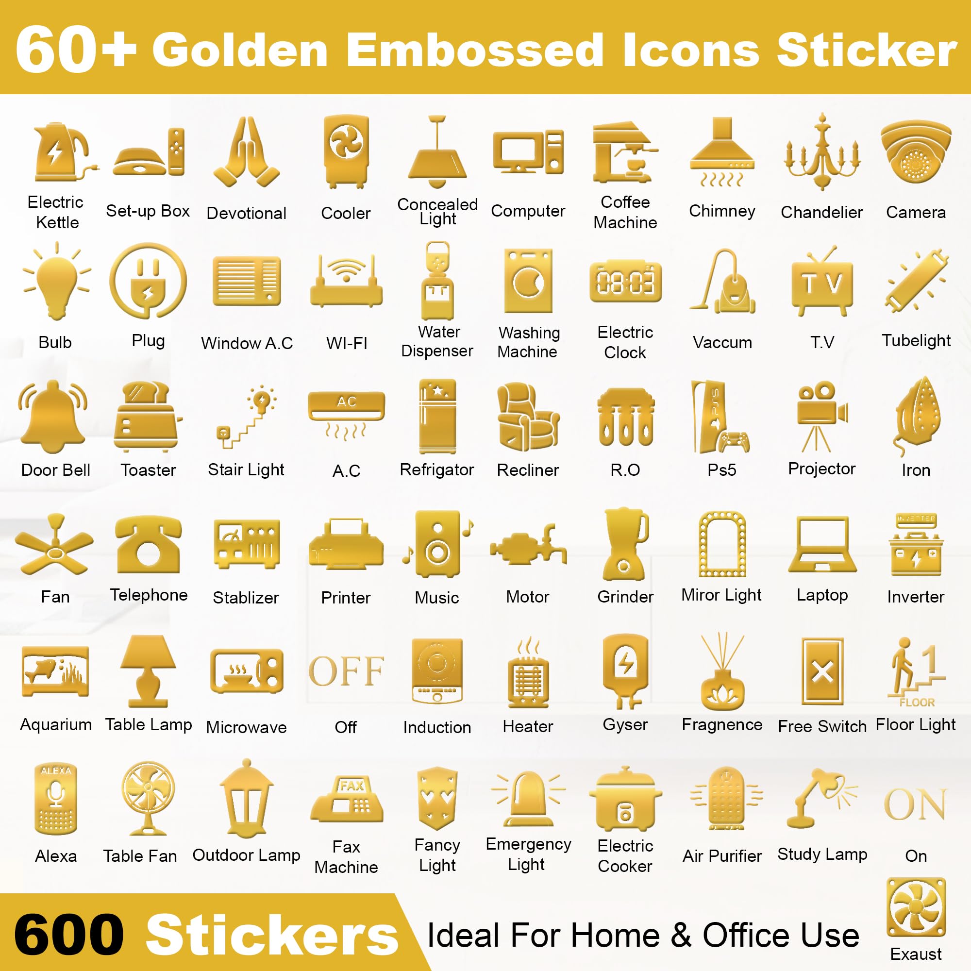 GLUN® Royal Gold 600 Vinyl Switchboard Stickers | 60+ Luxury Embossed Finish Icons for Fan, Light, AC & Home Switch Buttons — Amazon image 2