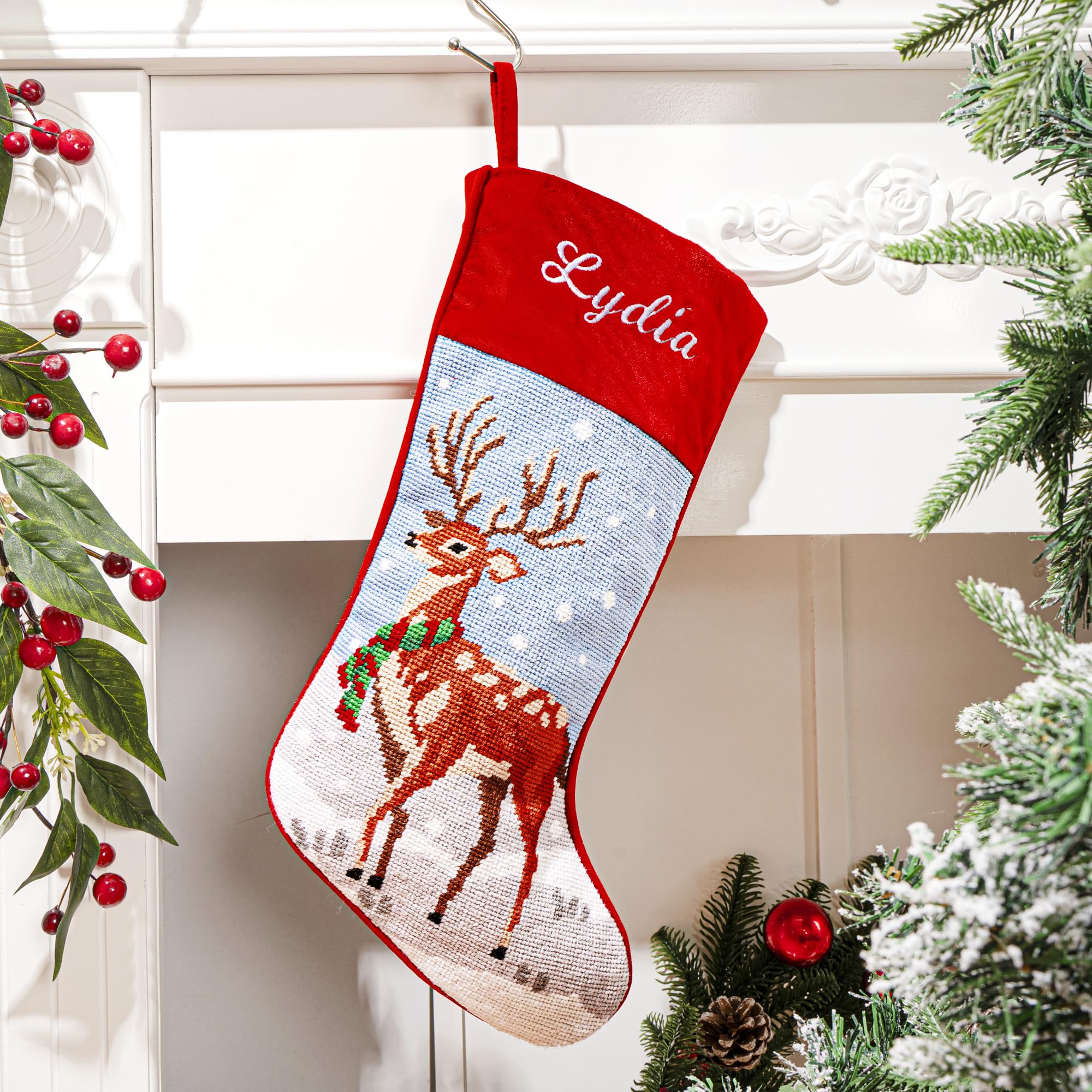 MT WORLD Needlepoint Christmas Stockings Personalized Snowman Santa Angel Bear Reindeer Christmas Tree Embroidered Family Stockings for Holiday Applique Velvet Stocking with Name for Family Decoration