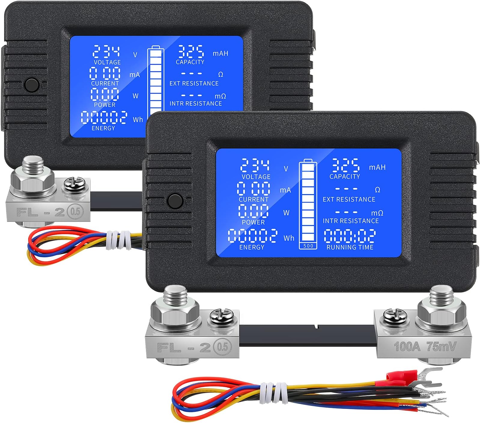 2 Pieces DC Multifunction Battery Monitor Meters LCD Display Digital Voltmeter Ammeter Multimeter DC Current Voltage Solar Power Meters with 100A Current Shunt for Cars RV Solar System