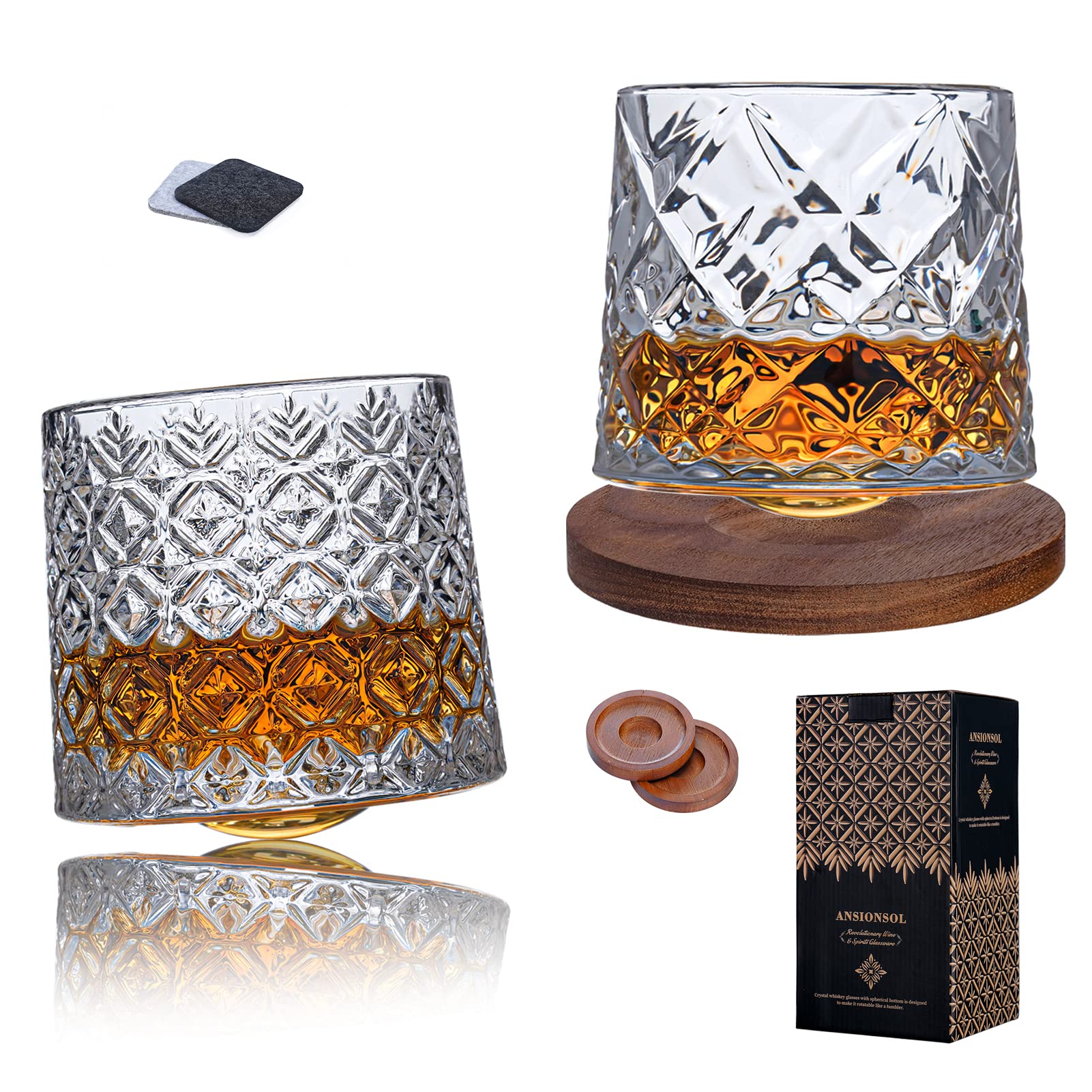 Spinner Whiskey Glasses With Wood Coasters ,Spinning Cups Drinking