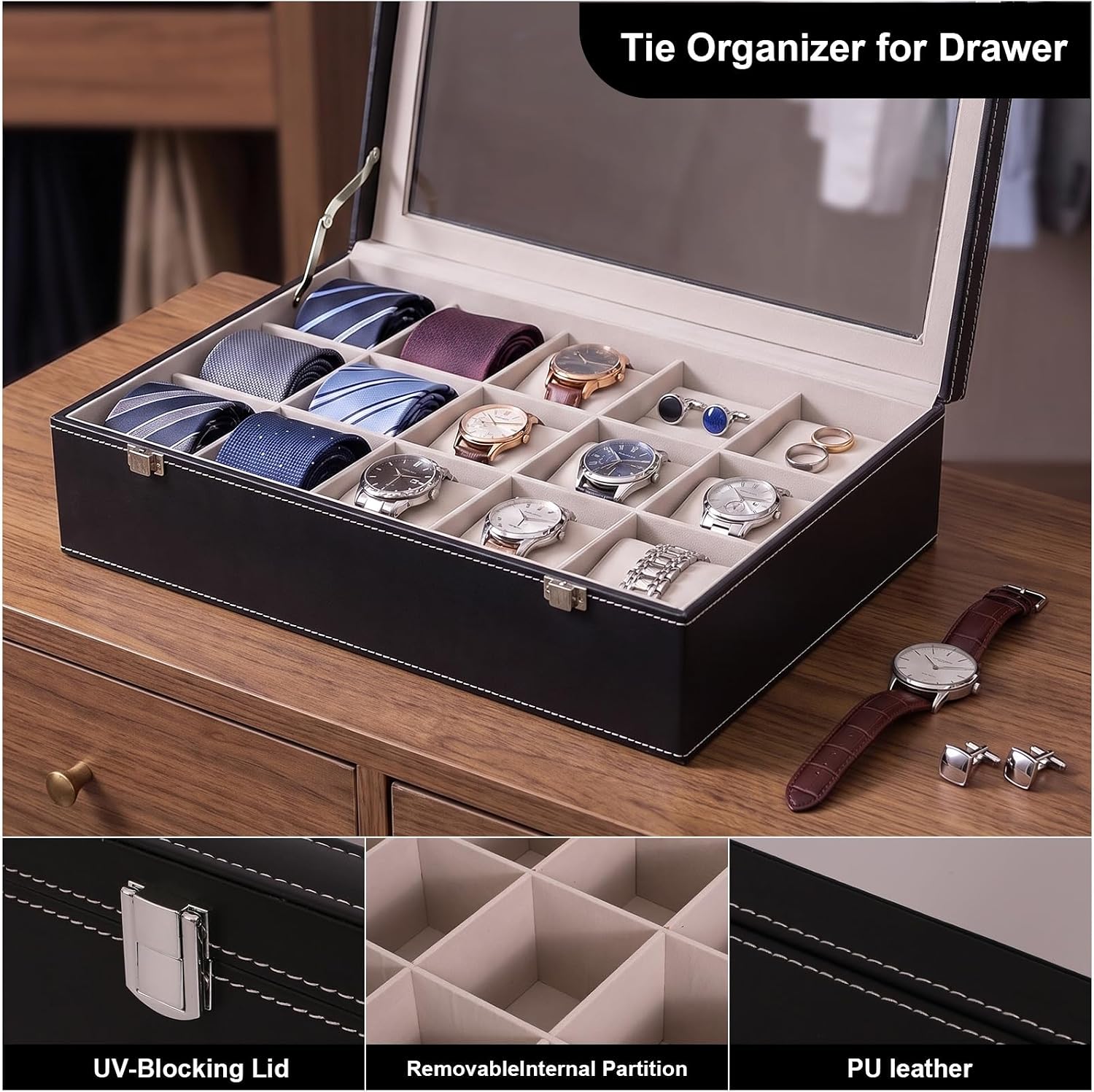 15 Slots Tie Organizer for Drawer, Luxury Tie Storage with Glass Lid,Lockable Jewelry,Anime Figure,Dresser Storage Box, Elegant Gift for Women or Men,Black
