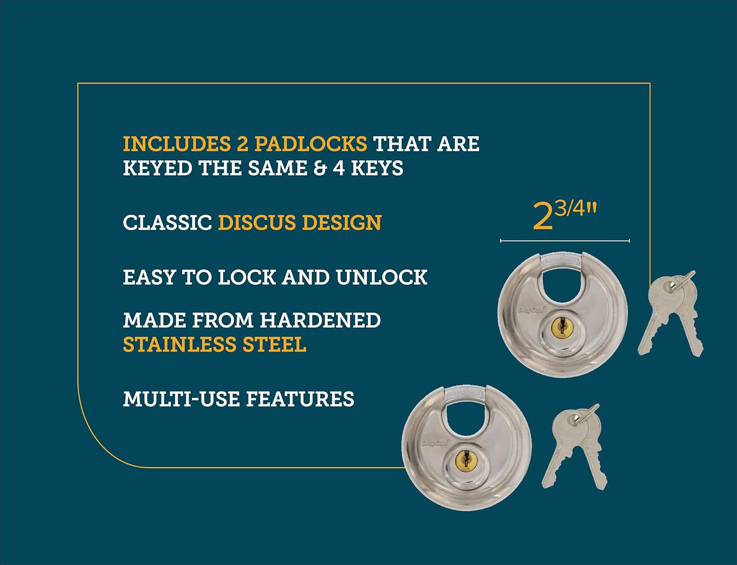 60% Off Discount Key Padlock, Stainless Steel – Set of 2 Padlocks Keyed Alike, Classic Discus Design – Includes 4 Keys – Ideal Lock for Indoor/Outdoor Security, Storage and Tool Box, Gate & Shed