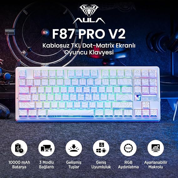 Aula F87 PRO V2 Mekanik RGB TKL Star Vector Switch Kablosuz Makrolu Hot Swap Klavye Desenli Beyaz