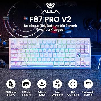 Aula F87 PRO V2 Mekanik RGB TKL Star Vector Switch Kablosuz Makrolu Hot Swap Klavye Desenli Beyaz