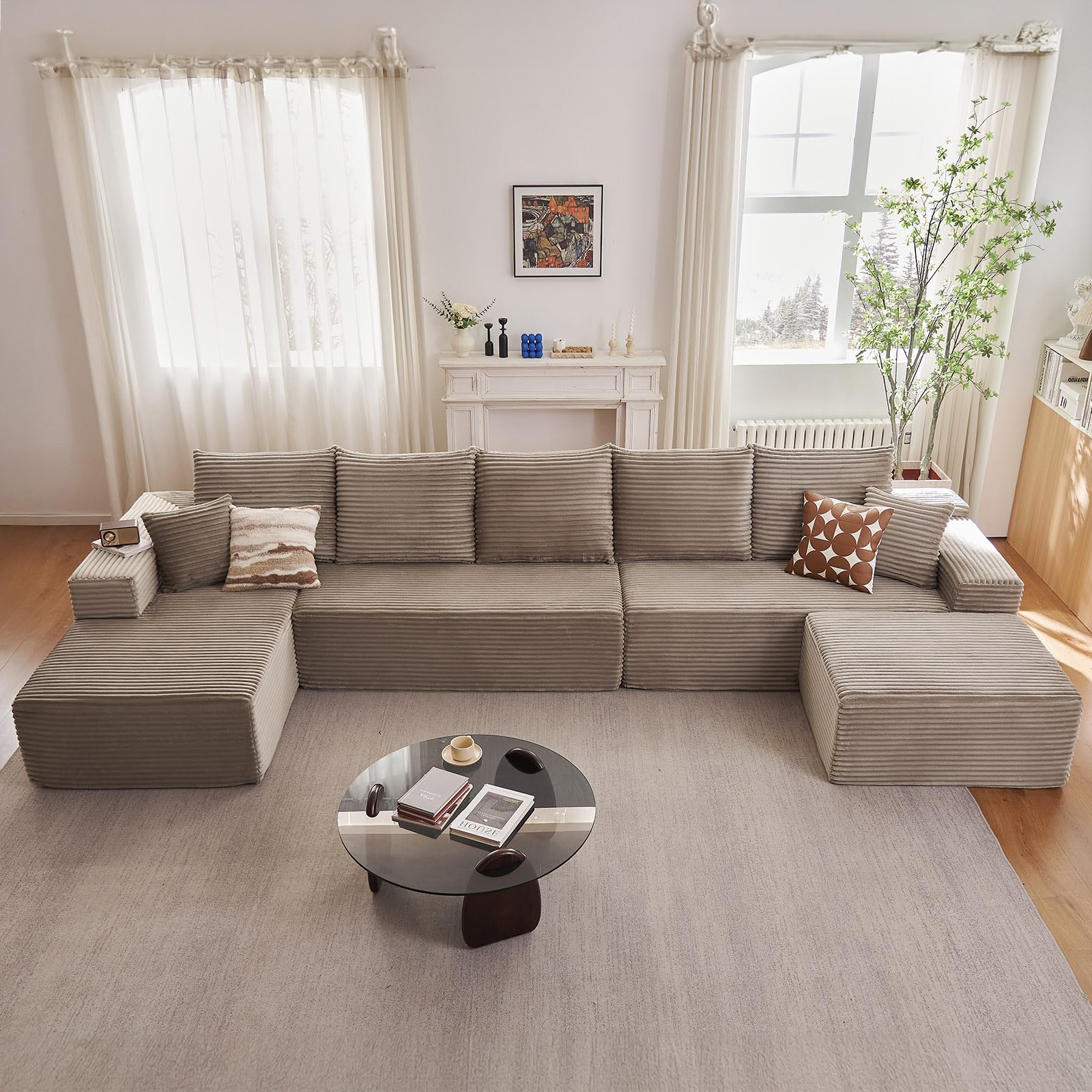 Oversized Modular Sectional Sofa Couch, Large 6 Seater Corner Sofa Modern U Shaped Sectional Couch Cloud Couches for Living Room, Office, Spacious Space, Corduroy, No Assembly Required, Camel