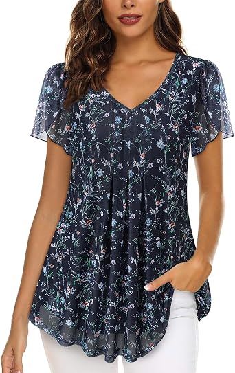 VALOLIA Womens Tops Short Sleeve Shirts Casual V Neck Blouse Double Layers Mesh Tunics Tops