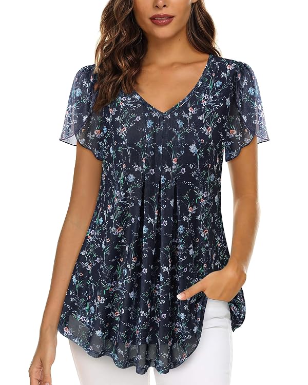 VALOLIA Womens Tops Dressy Summer Short Sleeve Shirts for Work Casual V Neck Mesh Blouse Office Tunics Tops (26 Floral Blue, X-Large) by VALOLIA - Used condition - US$17.64