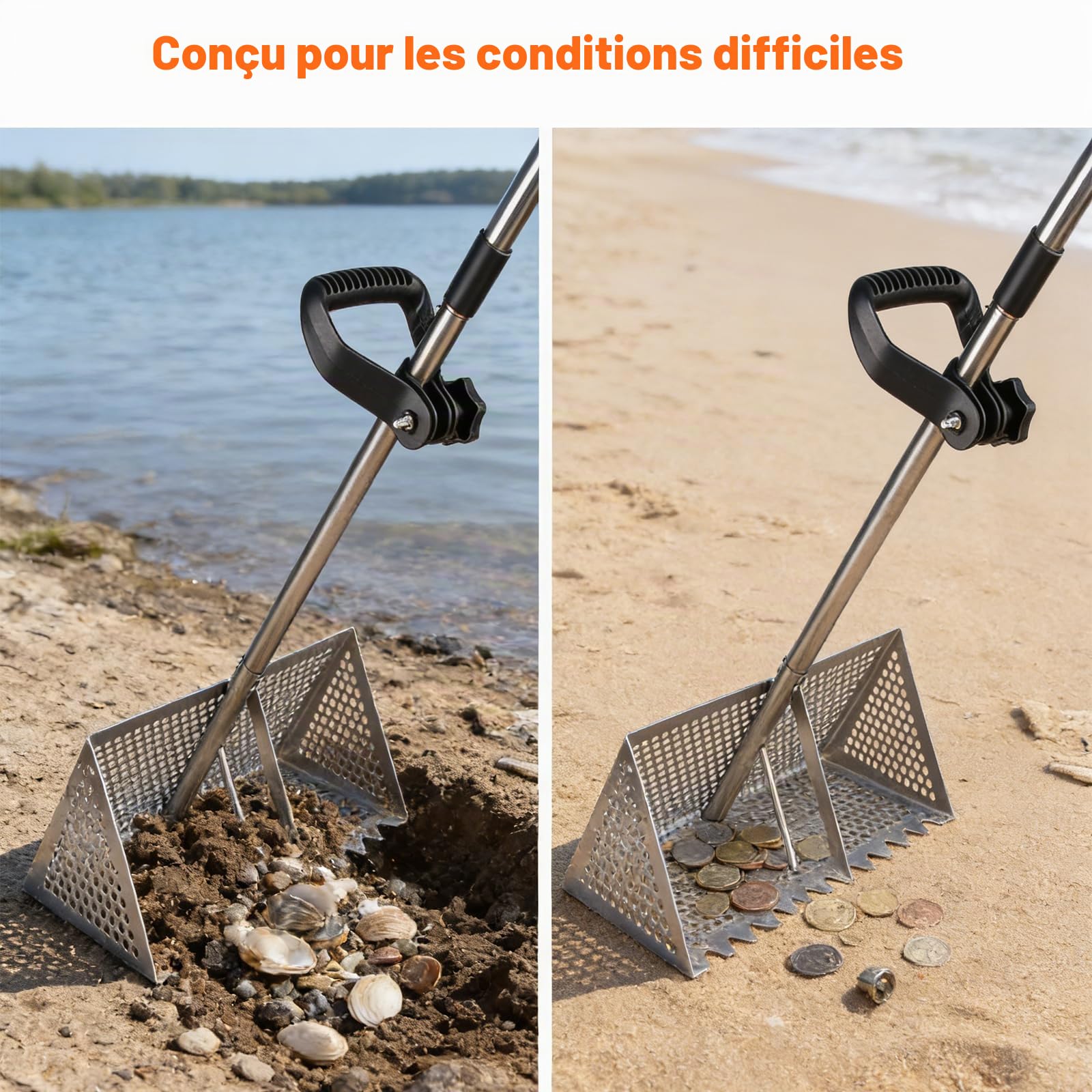 Râteau anti-puces de plage en acier inoxydable 304 et seau – Poignée amovible de 132 cm de long, attrape-crabes de sable, râteau pliable pour dents de requin, collecte des puces et coquillages
