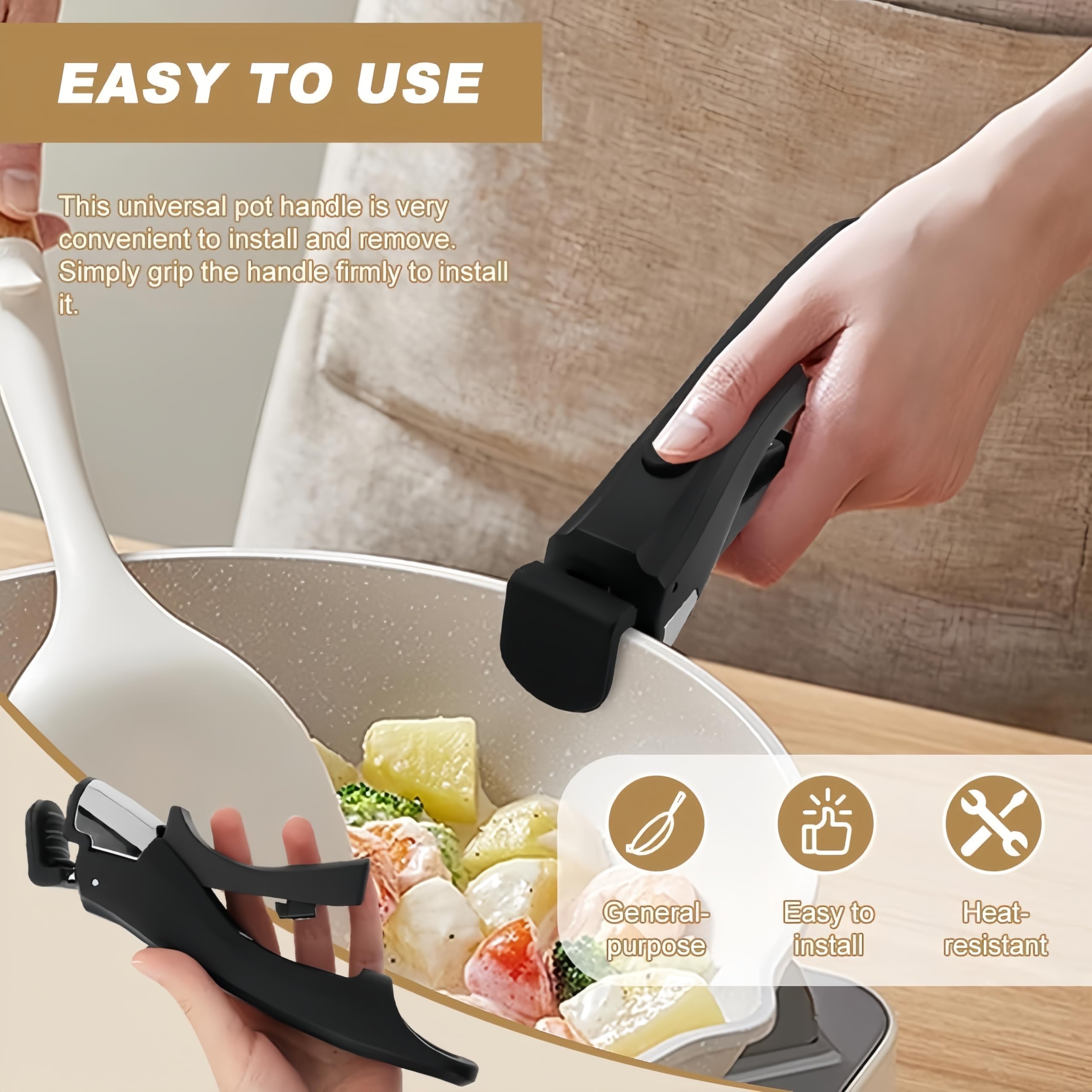 Poignée Amovible Universelle pour Casseroles et Poêles, Manche Détachable Ergonomique & Anti-Brûlure Supporte 10kg, Résistant à la Chaleur (250°C) Poignée Antidérapante pour Cuisine & Camping (Noir) - 5