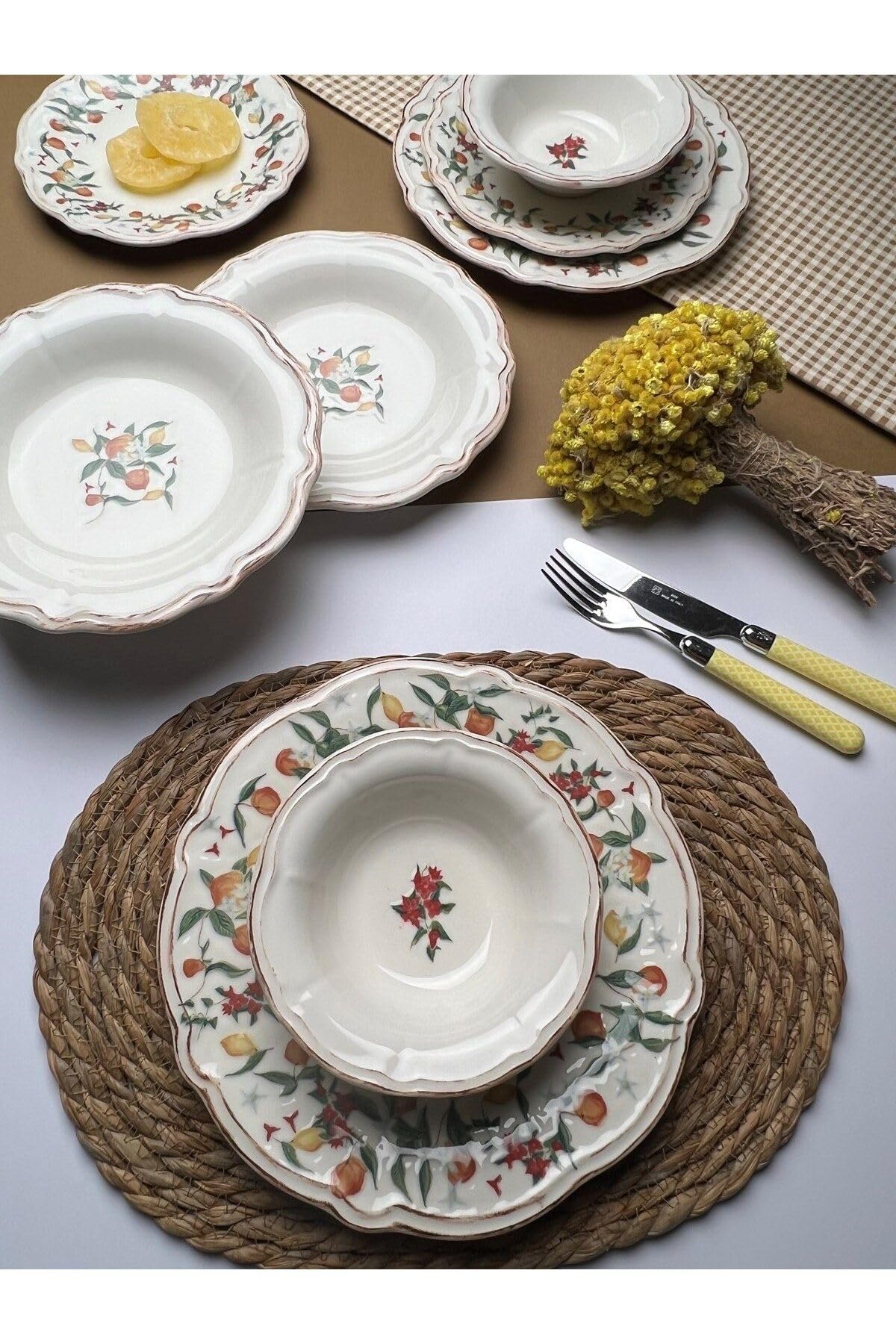 TABAK EVİ Fulya Food Garden KahverengiEskitme Porselen Yemek Takımı 6 Kişilik 24 Parça FLY24YKPRS992