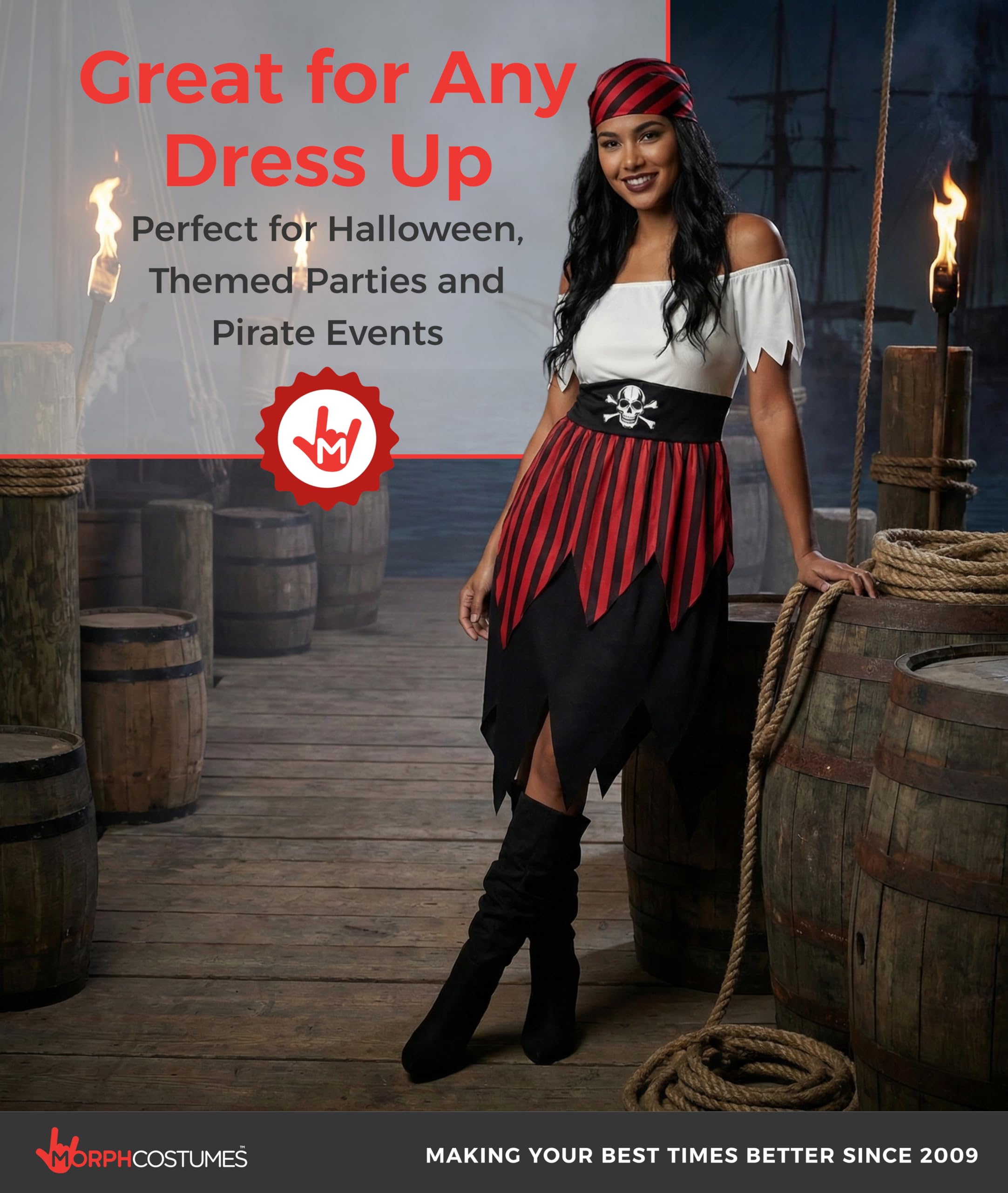Morph Deguisement Femme Pirate, Costume Flibustiere Halloween Femme | Robe, Bandana & Cache-Œil Assortis, Look de Flibustière, À Enfiler, Parfait pour Halloween, Idéal pour se Déguiser