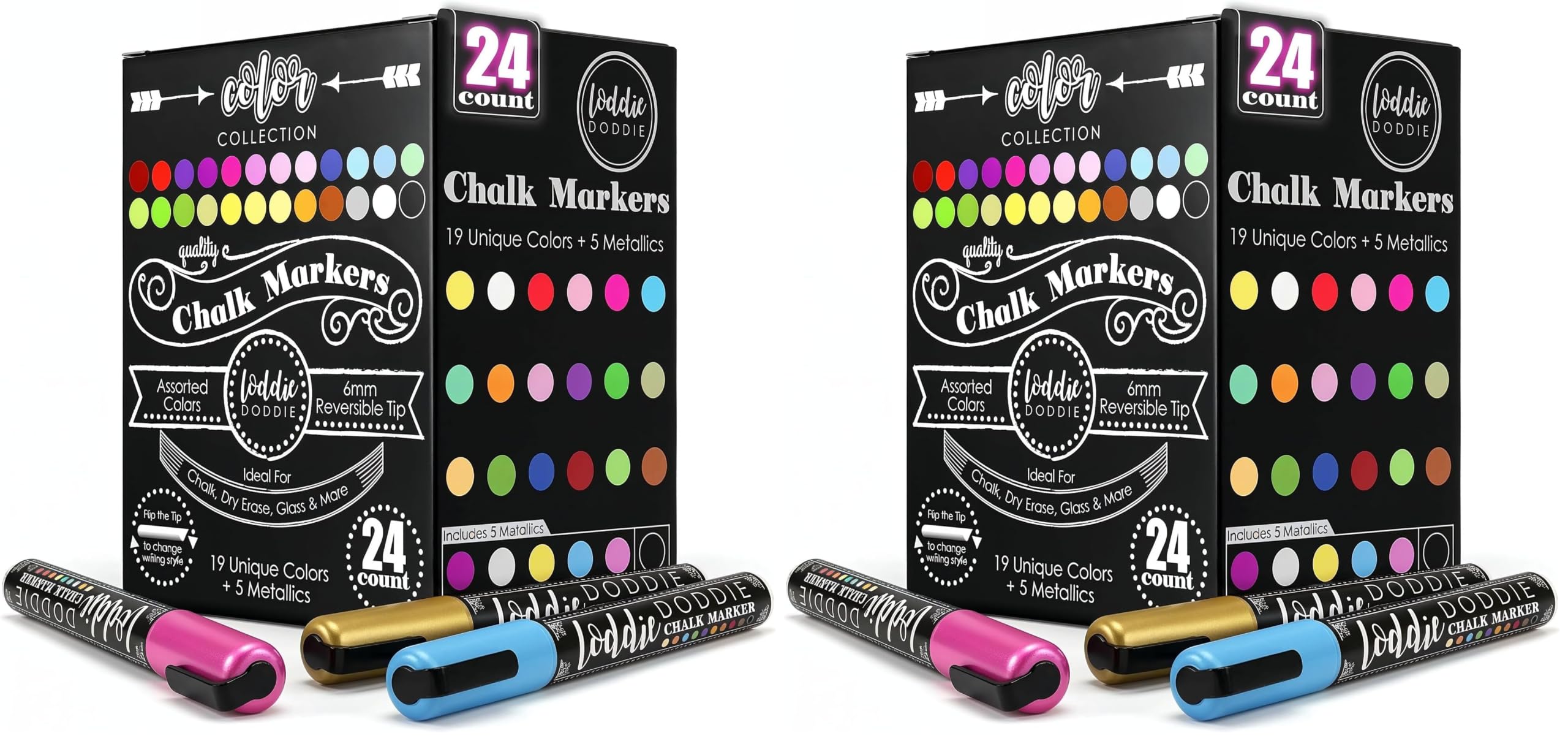 Loddie Doddie Chalk Markers - Pack of 48, 6mm Reversible Tips - Liquid Chalk Pens for Glass Surfaces &amp; Windows - Erasable Pens for Chalkboard Calendar - Non-Toxic Chalkboard Markers