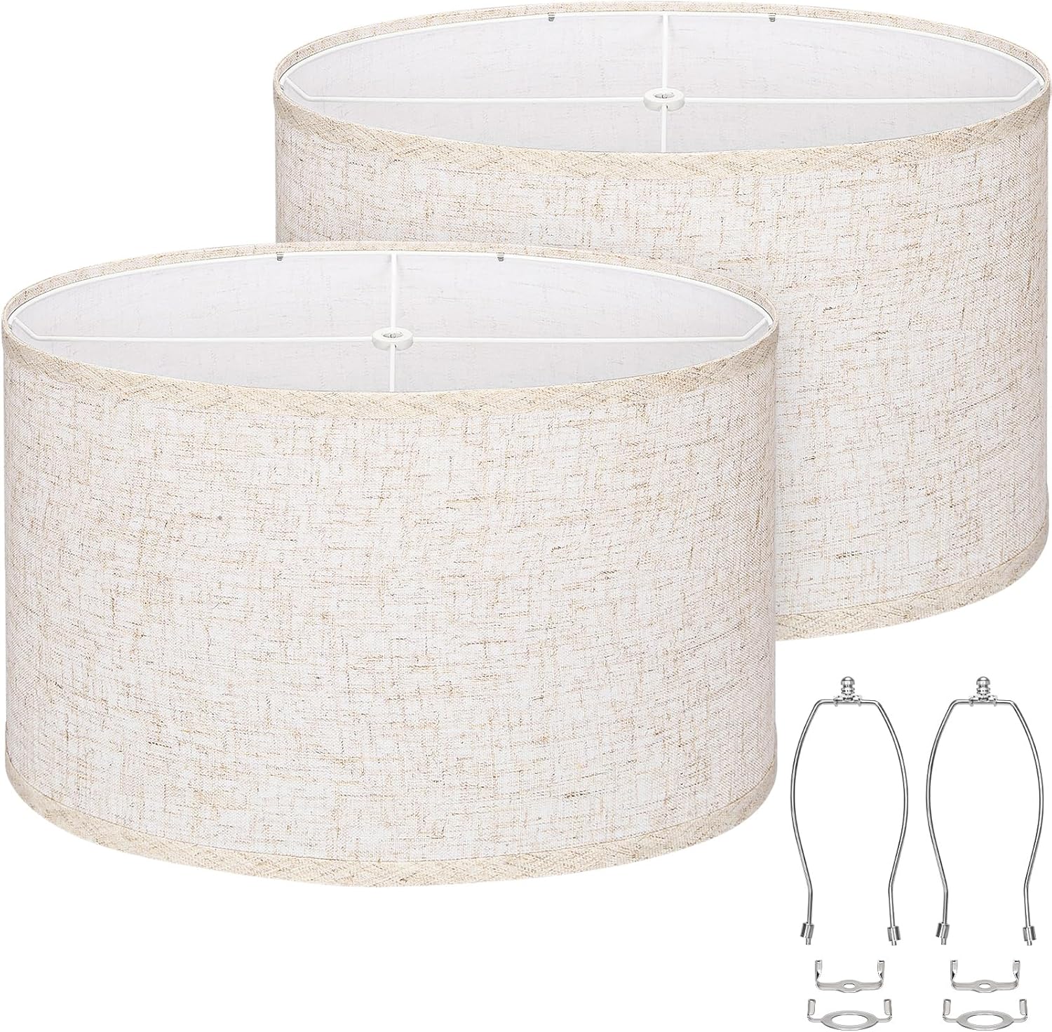 Oval Lamp Shades Set of 2, 16.5"L x 11.5"W x 11"H, Large Beige Lampshades for Table Lamps Bedside Lamps, Natural Linen Lamp Shades for Floor Lamps, Suitable for E26 Base and Saddle Base, Easy Assembly