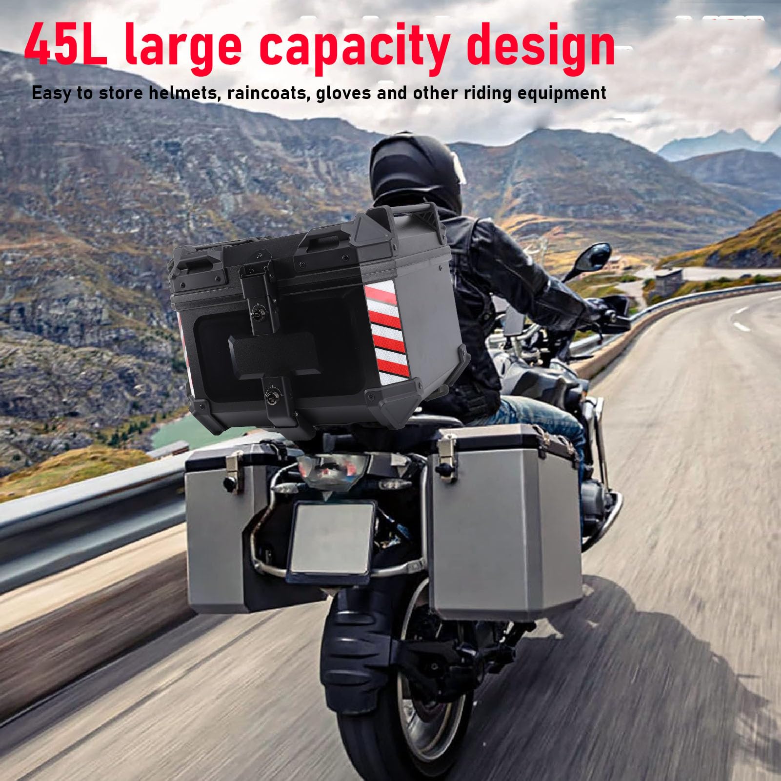 Baúl para Motocicleta, ABS, Estuche Trasero para Motocicleta, 45 L, Impermeable, Almacenamiento con Bloqueo de Liberación Rápida con Pegatinas Reflectantes y Revestimiento Extraíble para