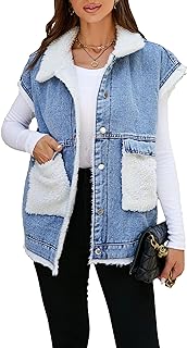 Womens Sherpa Fleece Lined Denim Vest Loose Sleeveless...