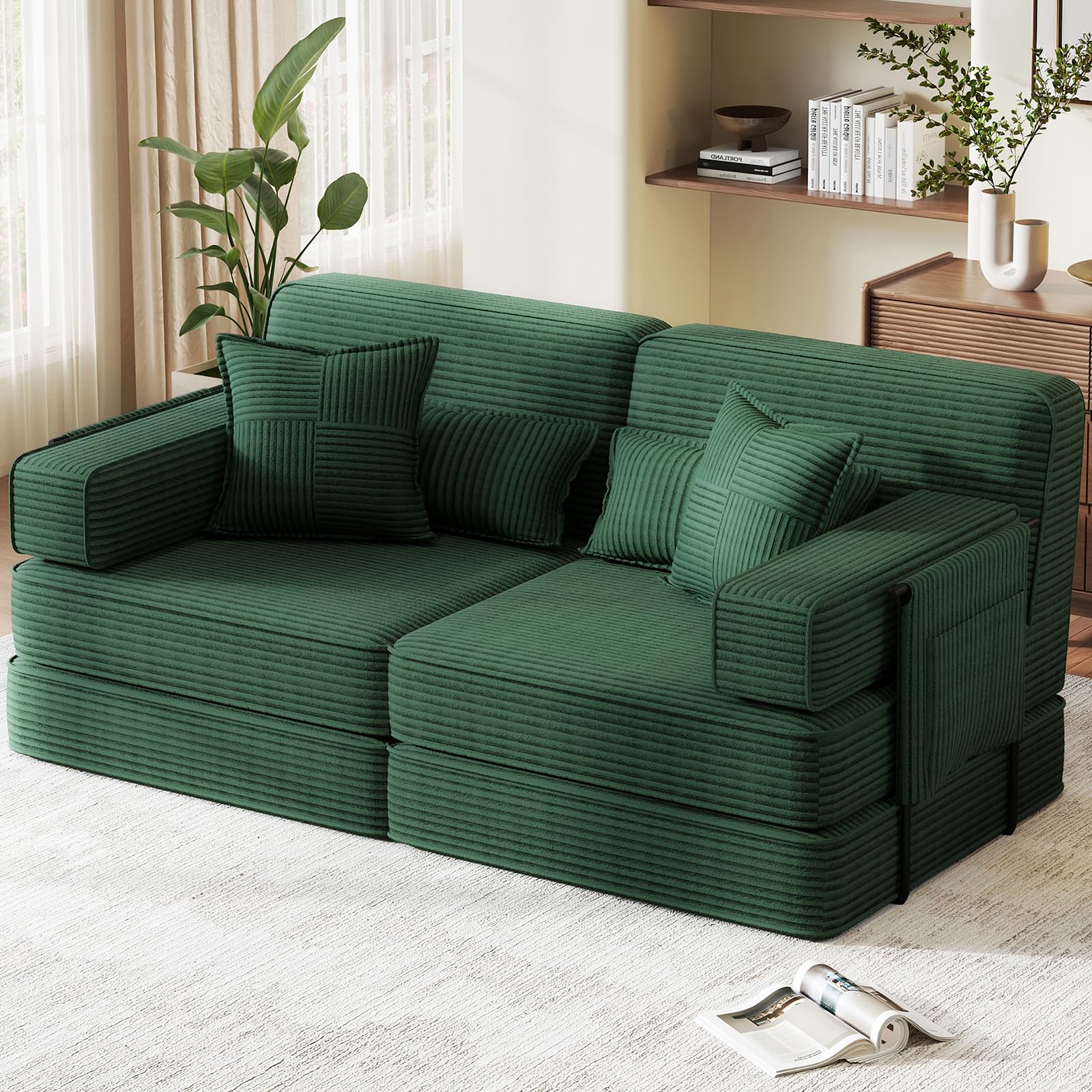 Divano letto disossato, 190 cm, divano modulare convertibile 5 in 1, velluto a coste senza montaggio, divano letto matrimoniale pieghevole a 2-3 posti con contenitore, 4 cuscini e struttura in metallo