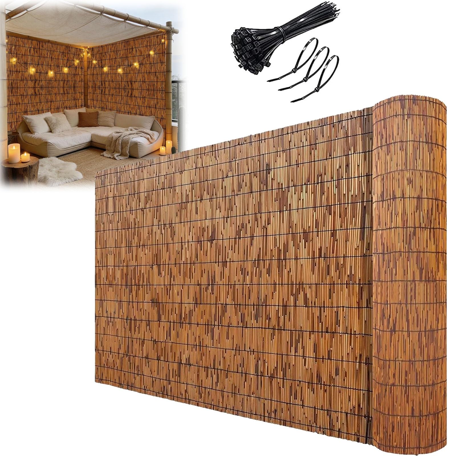 Bamboo Privacy Fence Screen Roll, Natural Reeds Fencing Panel for Outdoor Balcony Garden 50cm 100cm 120cm 150cm 180cm, UV Protected Wind Block Sun Shade Divider with Zip Ties(Brown,H60xL100cm)
