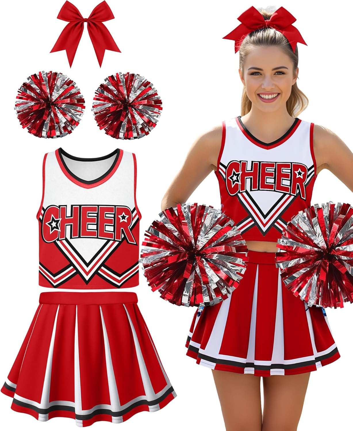 JenPen Women's Cheerleader Costume Halloween High School Cheerleading Outfit Teen Girl Musical Cheer Uniform Hair Bow Pom Pom Red Medium