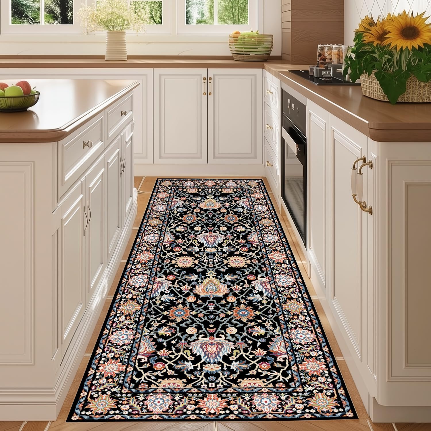 Washable 2x5 Hallway Runner Rug, Non-Slip Low Pile Cozy Kitchen Runner Rug, Black Boho Vintage Floral, Ultra Soft, Stain Resistant, Pet & Kid Friendly Rugs for Bedroom Bathroom Laundry Room Entryway - Image 2