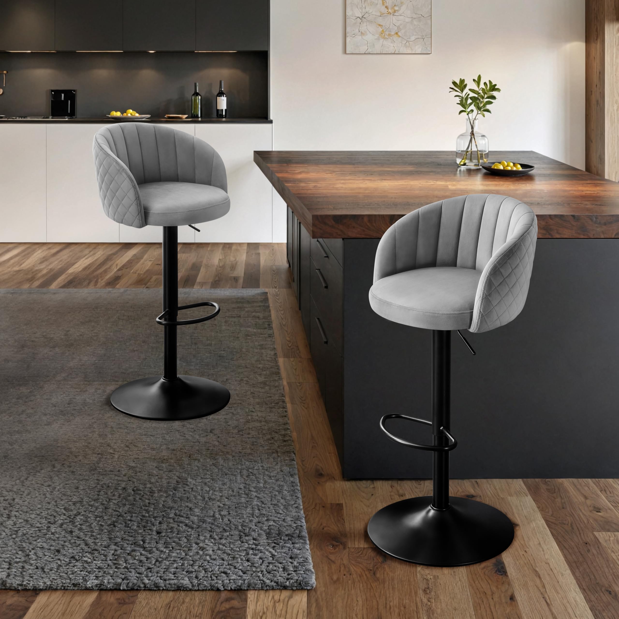 STOOLINK Barhocker 2er Set Höhenverstellbar Barstuhl Milch-samtstoff, Tresenhocker mit Lehne und Armlehne, Barhocker 360° Drehbar für Küche, Esszimmer, Café,Bistro-Grau