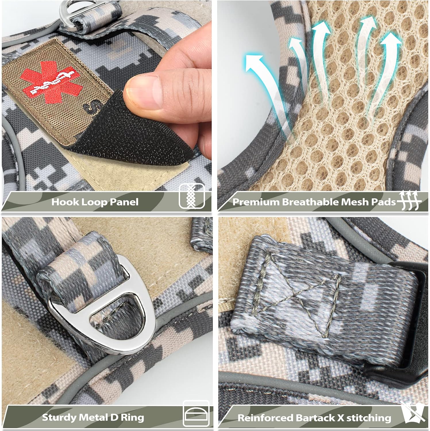 XS Dog Harness Tactical Style, No Pull Military Service Dog Vest with Vertical Handle, Outdoor Training Small Puppy Vest Chihuahua Harness (Camo Grey, XS)
