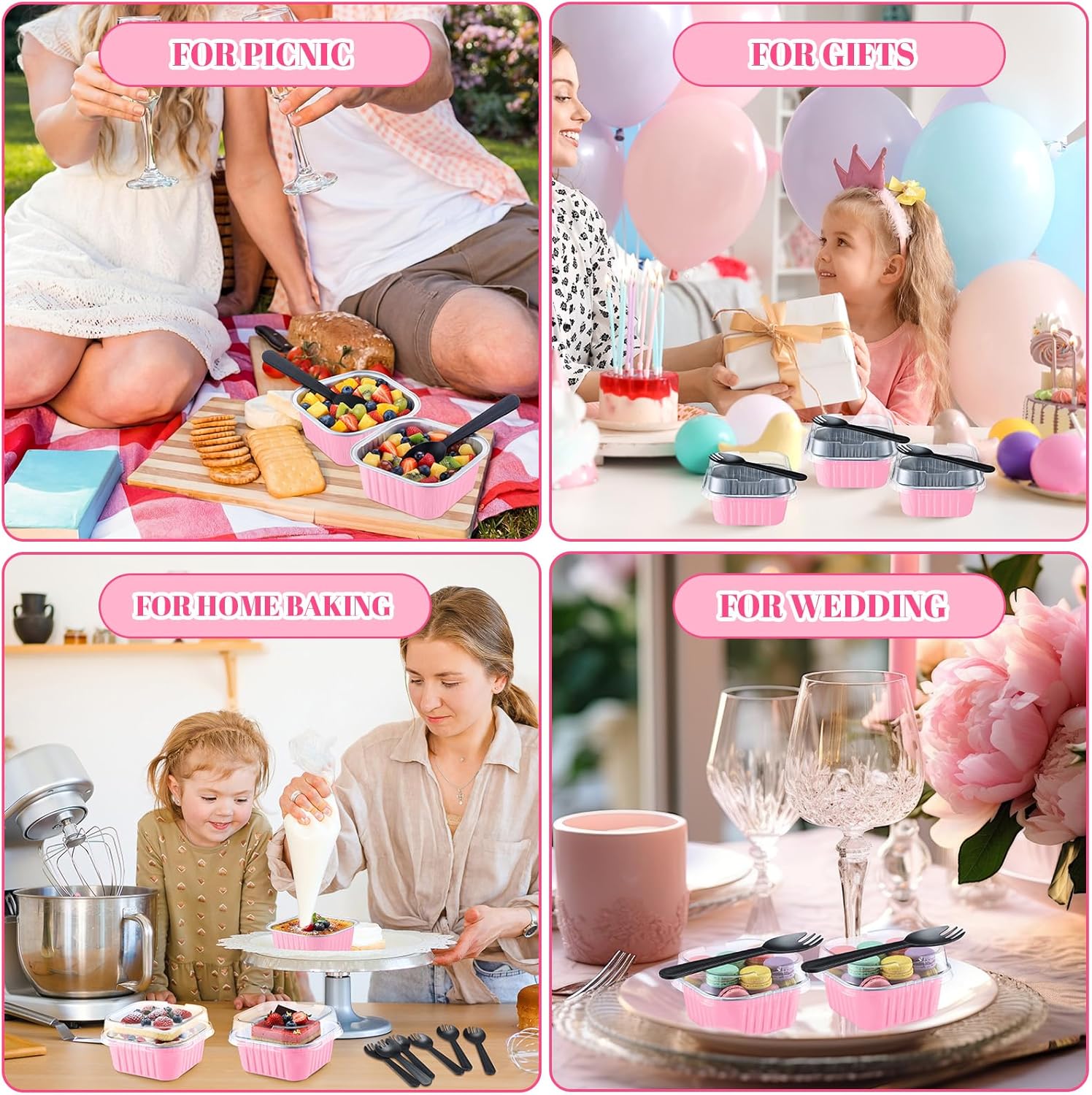 200 Pack 5 oz Mini Cake Pans with Lids and Spoons Bulk Small Aluminum Foil Square Baking Cup Disposable Cupcake Dessert Containers for Ramekin Brownie Muffin Birthday Wedding Party(Pink)