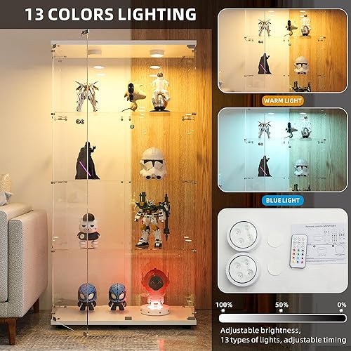 Miniatura 19 de FANYUSHOW Vitrina de cristal templado con 4 estantes con cerradura de seguridad, estante de exhibición de 0.197 in para sala de Blanco,Negro