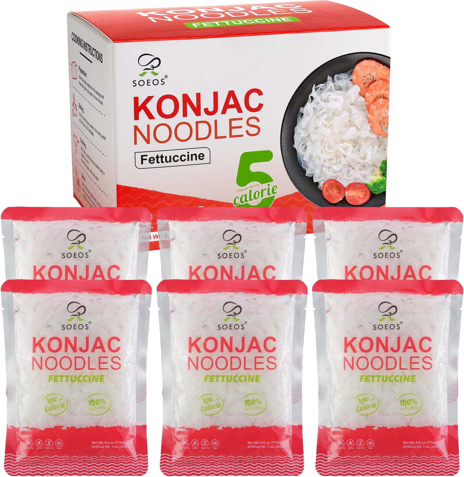 Soeos Konjac Noodles, Fettuccine Pasta, 8.8 oz (250g)*6 Pack, Low Calorie, Low Carb, Keto and Paleo Friendly Shirataki Noodle, Gluten-Free, Fat Free, Sugar Free, Vegan