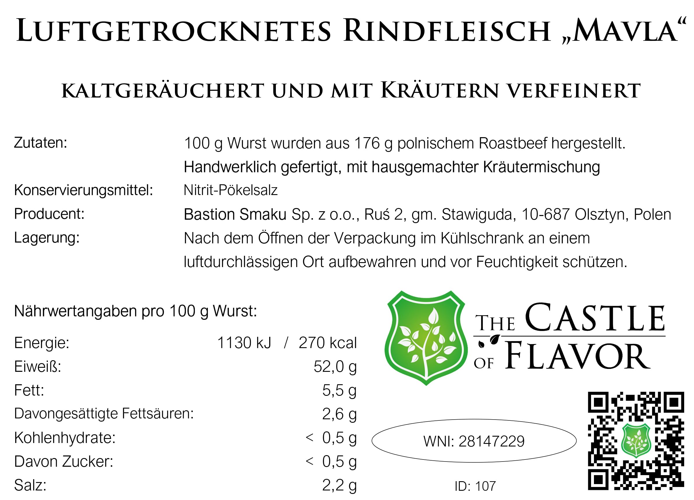 Luftgetrocknetes Rindfleisch „Mavla“ – kaltgeräuchert und mit Kräutern verfeinert- Wurstwaren 200g - Trockenwurst - Rohwurst - Dauerwurst am Stück - Trockenfleisch - getrocknete Wurst Snack