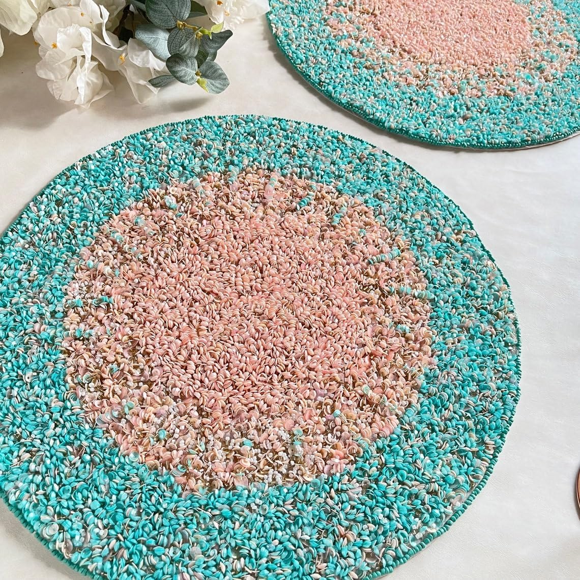 Enliven Luxury Sequin and Beaded Handmade placemat, Decorative Centrepiece, Charger Plate, Light Greenish Blue and Peach | Set of 6
