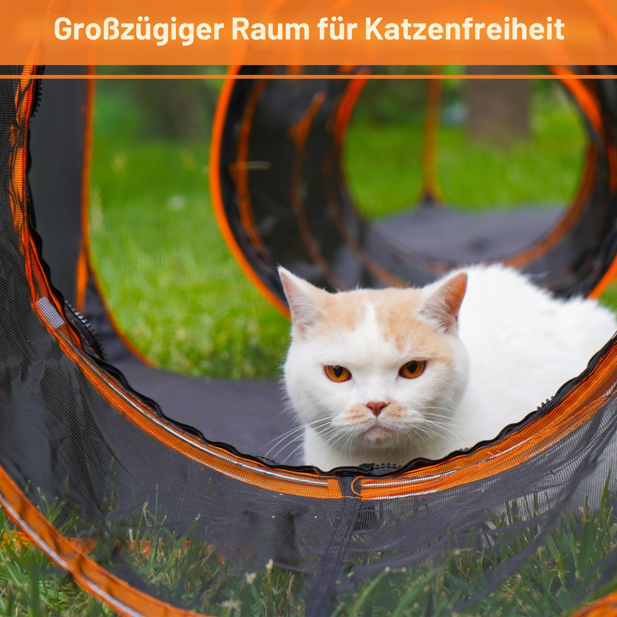 Outdoor Katzenlaufstall, faltbares Katzengehege, tragbares Pop-Up-Mesh-Zelt, Haustierzelt mit drei Tunnelkanälen, tragbares Outdoor-Tiergehege für Hunde (Orange, 7-in-1)