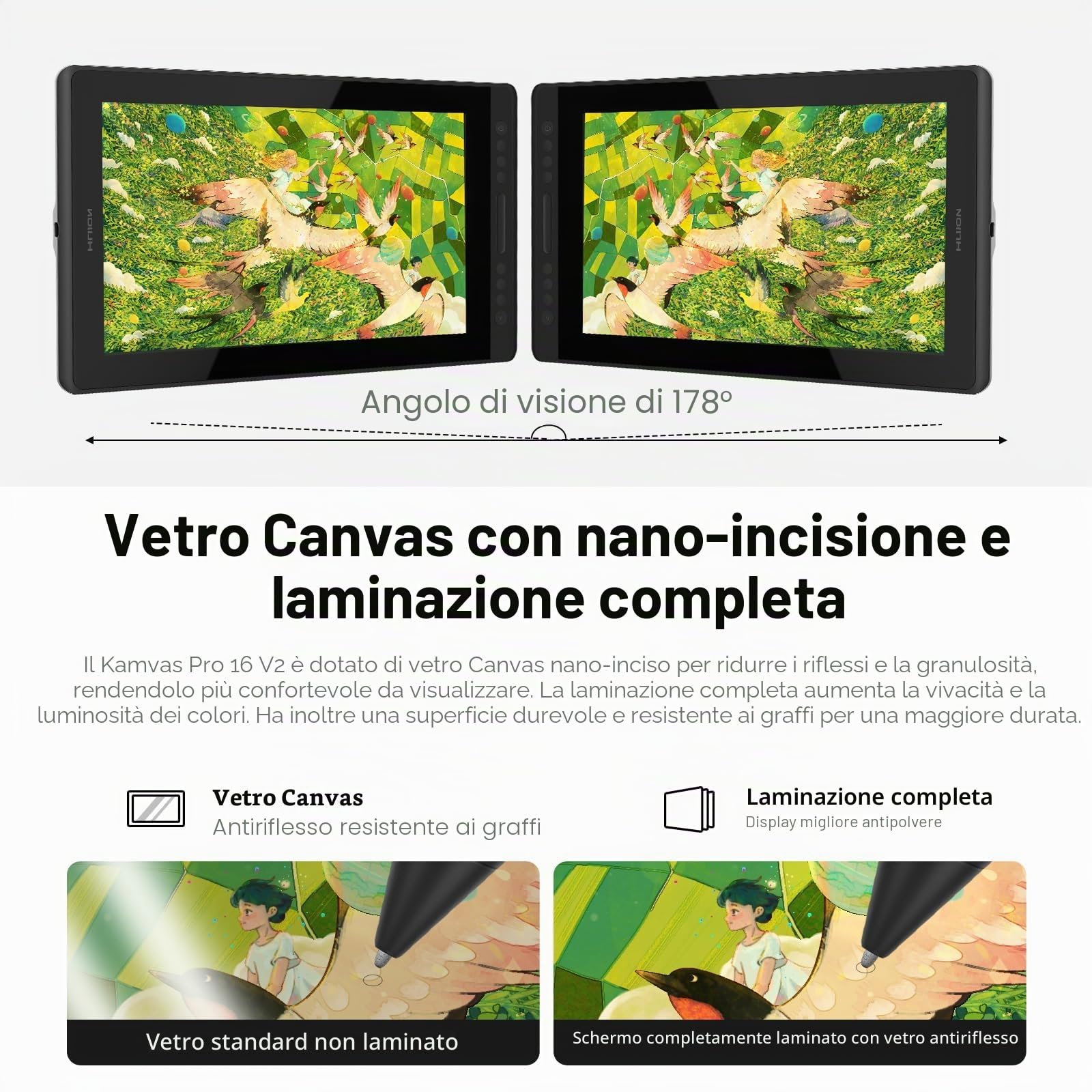 HUION Kamvas Pro 16 V2 Tavoletta Grafica con Schermo, PenTech 4.0, vetro AG completamente laminato da 15,6 pollici, 16384 Pressione Penna, copertura sRGB al 99%, compatibile con Windows e Mac.