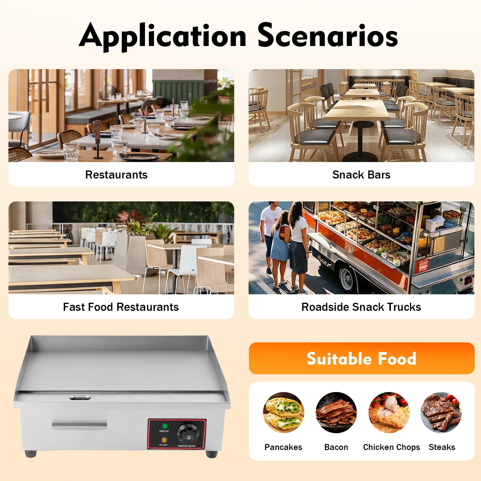 Commercial Electric Griddle 1.6KW Heavy Duty Stainless Steel Countertop Griddle for Home Restaurants Snack Shops, 122-572°F Adjustable Temp