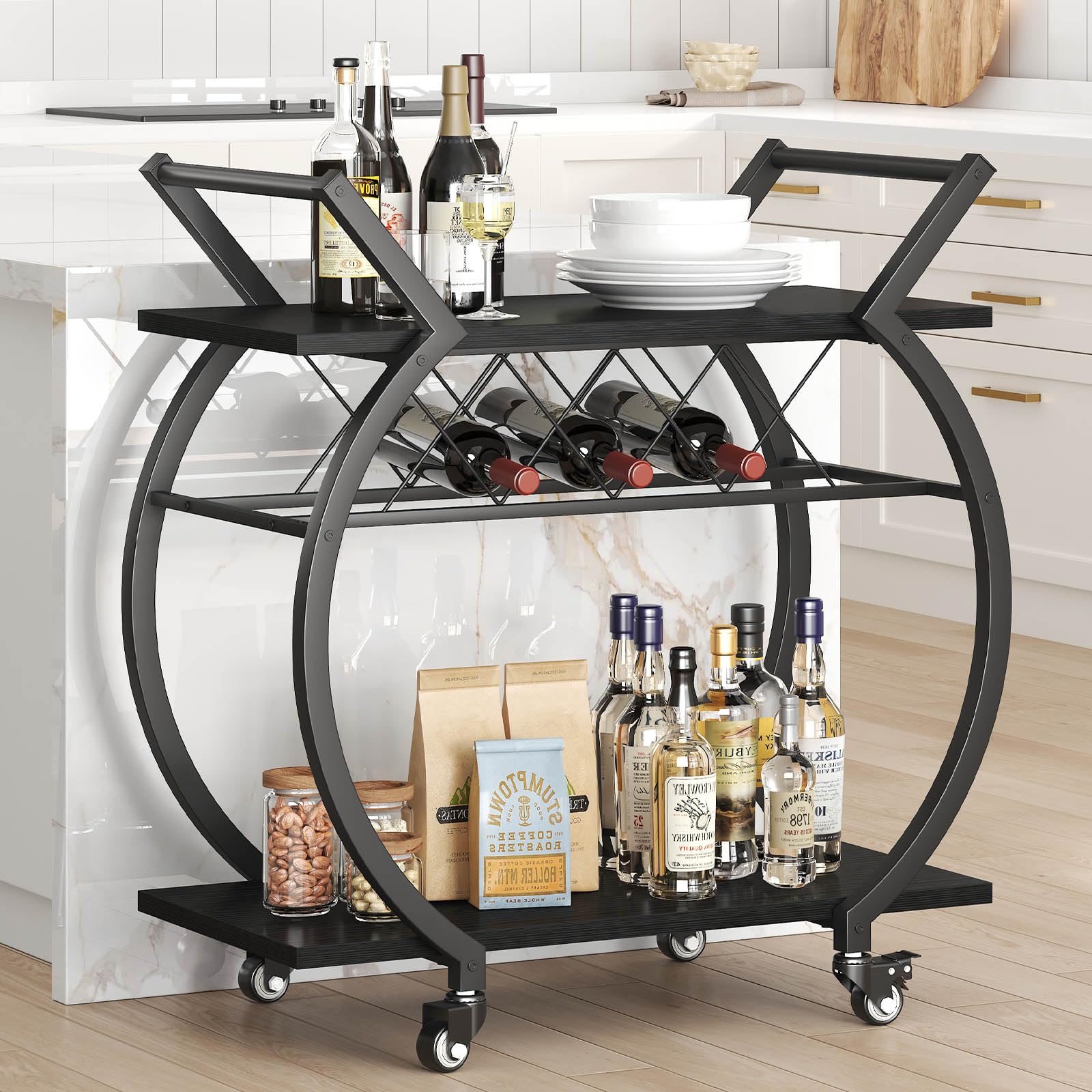 LVB Carrello Portabevande Nero, Carrello Bar con Ruote in Legno/Metallo, Mobile per Vino e Bevande, Ripiano inclusi, Ideale per Cucina o Sala da Pranzo