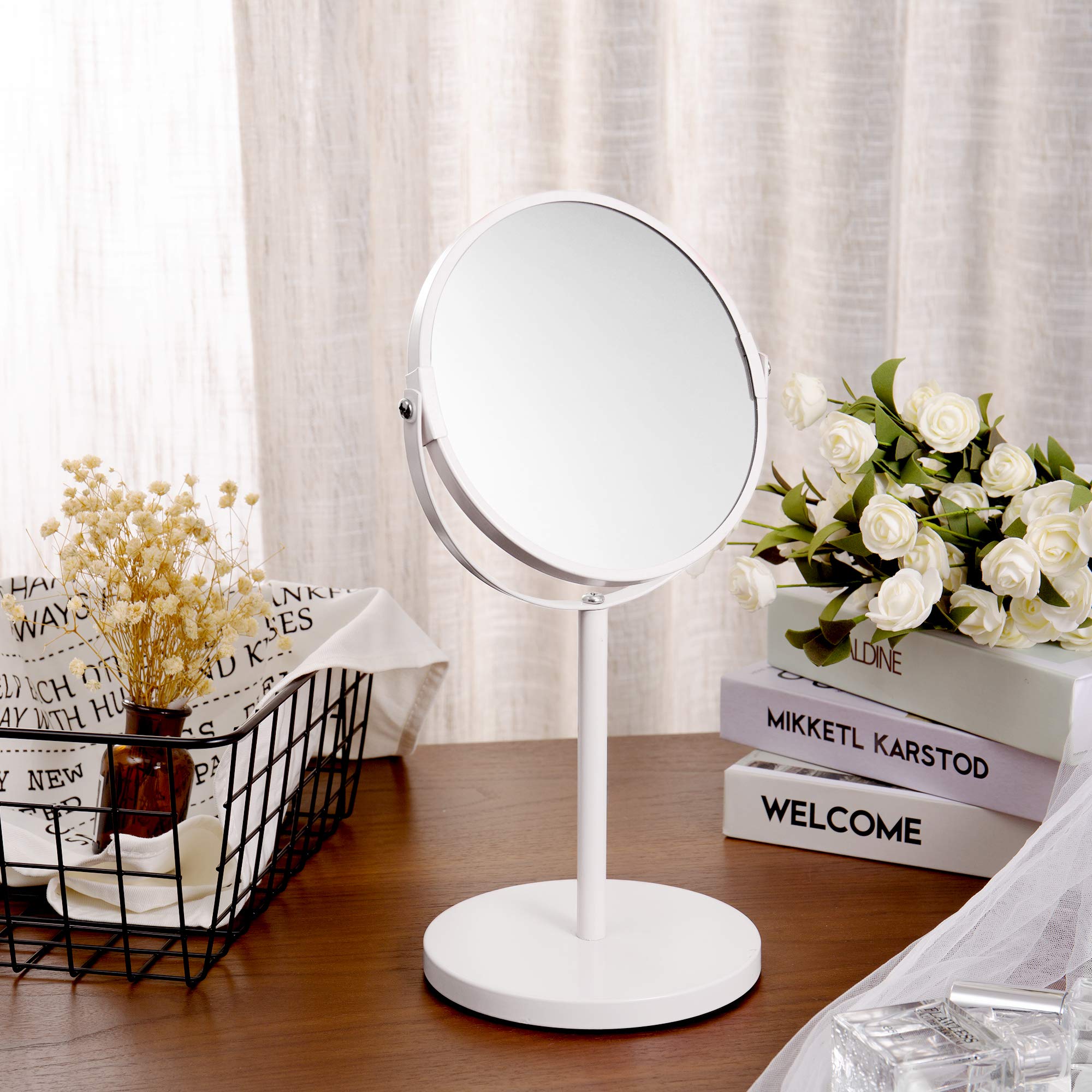 Double-Sided Magnifying Makeup Mirror, Large 6.7-Inch Vanity Makeup Mirror, 1X and 3X Magnifying Mirrors ~ Perfect for Bedroom or Bathroom Vanity, Tabletop Swivel Mirror,White
