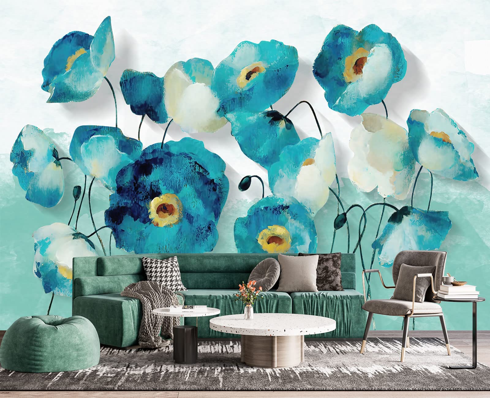 Blue Oil Painting Flowers Wall Mural Wallpaper for Bedroom 137" x 100"