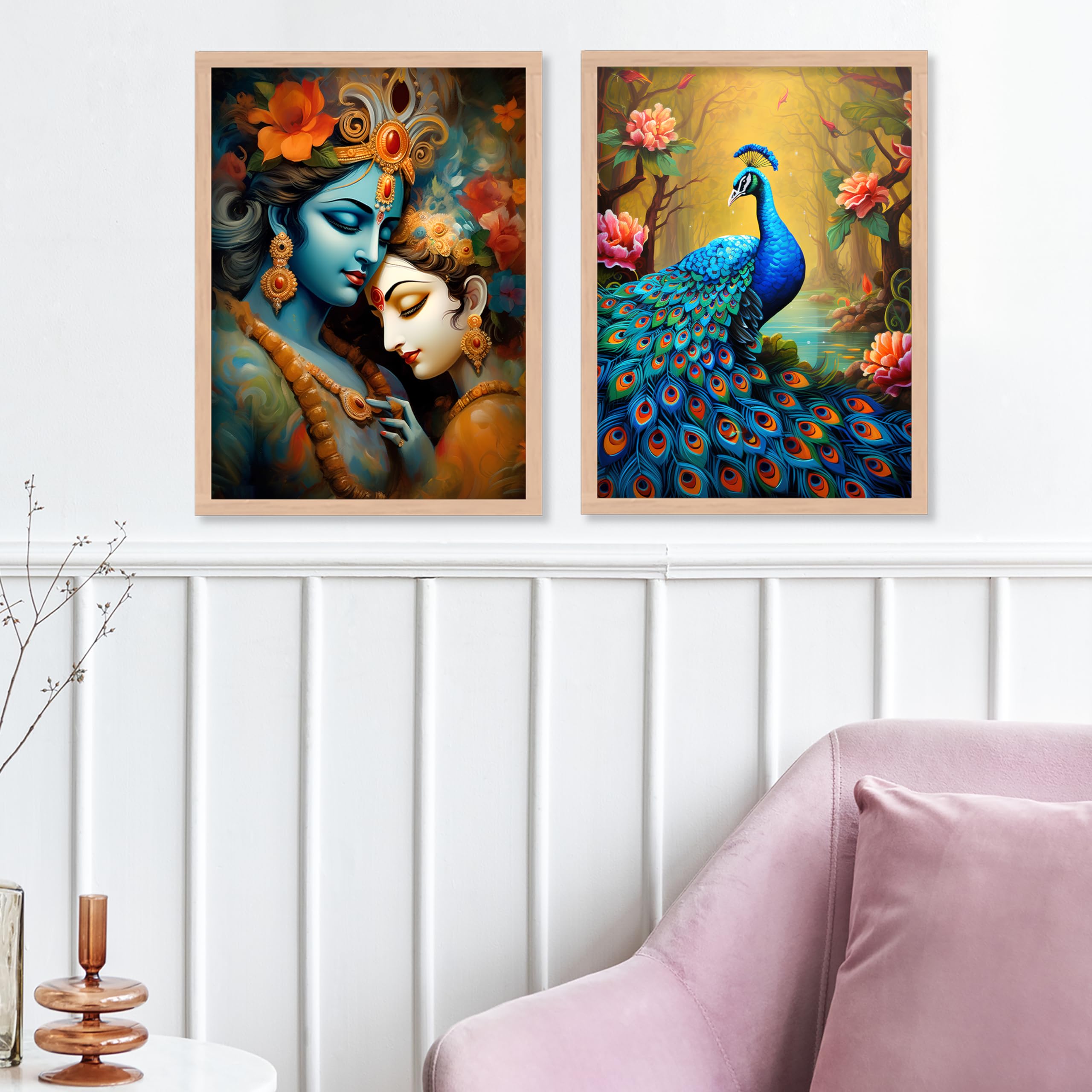 BANGERZ Radhe Krishna Framed Wall Art Paintings For Home Hotel Living Room, Paintings For Wall Decoration - Decorative Poster Frames For Bedroom Wall Decor (Set of 4) (Medium, Modern 6) 2