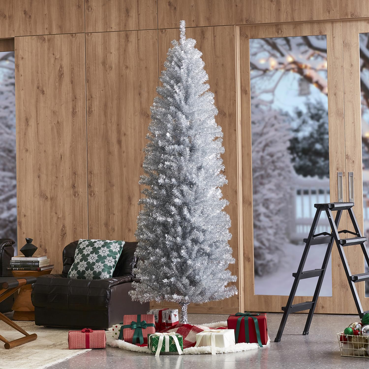Glitzhome Pencil Tinsel Artificial Christmas Tree, 7.5ft Silver Christmas Tree with 1180 PVC Branch Tips and Foldable Metal Stand for Home Office