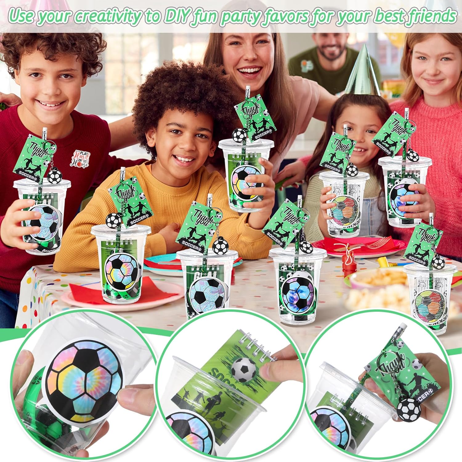 Colarr 195 Pcs Soccer Birthday Gifts Party Favors Sports Team Gift Cups Pencils Mini Book Keychains Wristbands Stickers Thank You Cards Eraser Sharpener Mini Ball for Soccer Party Supplies - Image 4