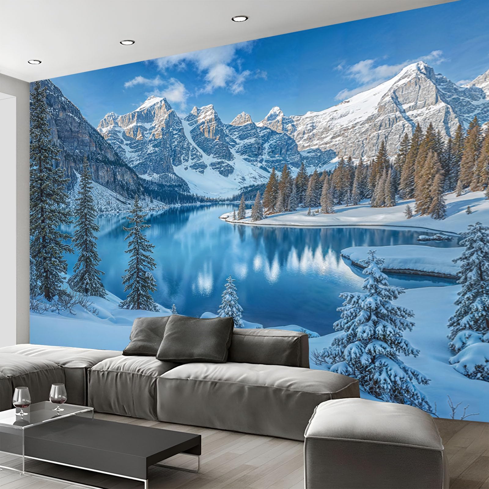 Murales 3D Per Soggiorno Carta da Parati con Montagne Innevate E Laghi Paesaggio Invernale, Carta da Parati Soggiorno la Parete Foto Personalizzata Per Camera da Letto Mural, 350Lx256A cm