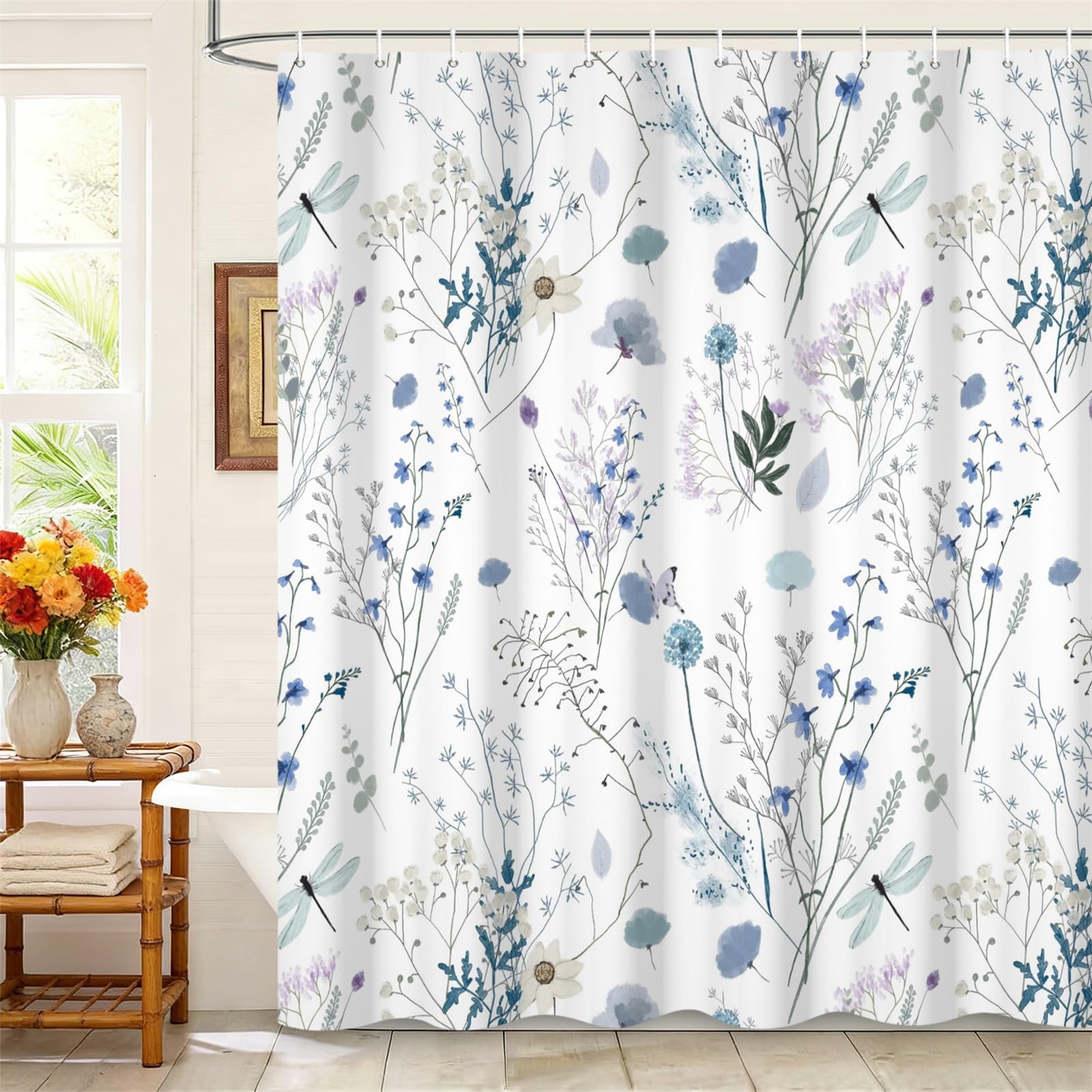 Kzzfqxb 183x198cm White Blue Floral Shower Curtains with Plastic Hooks, Botanical Herb Wildflowers Bunches Dragonflies Waterproof Occluded for Bath, Elegant Polyester Fabric for Bathroom Bathtub