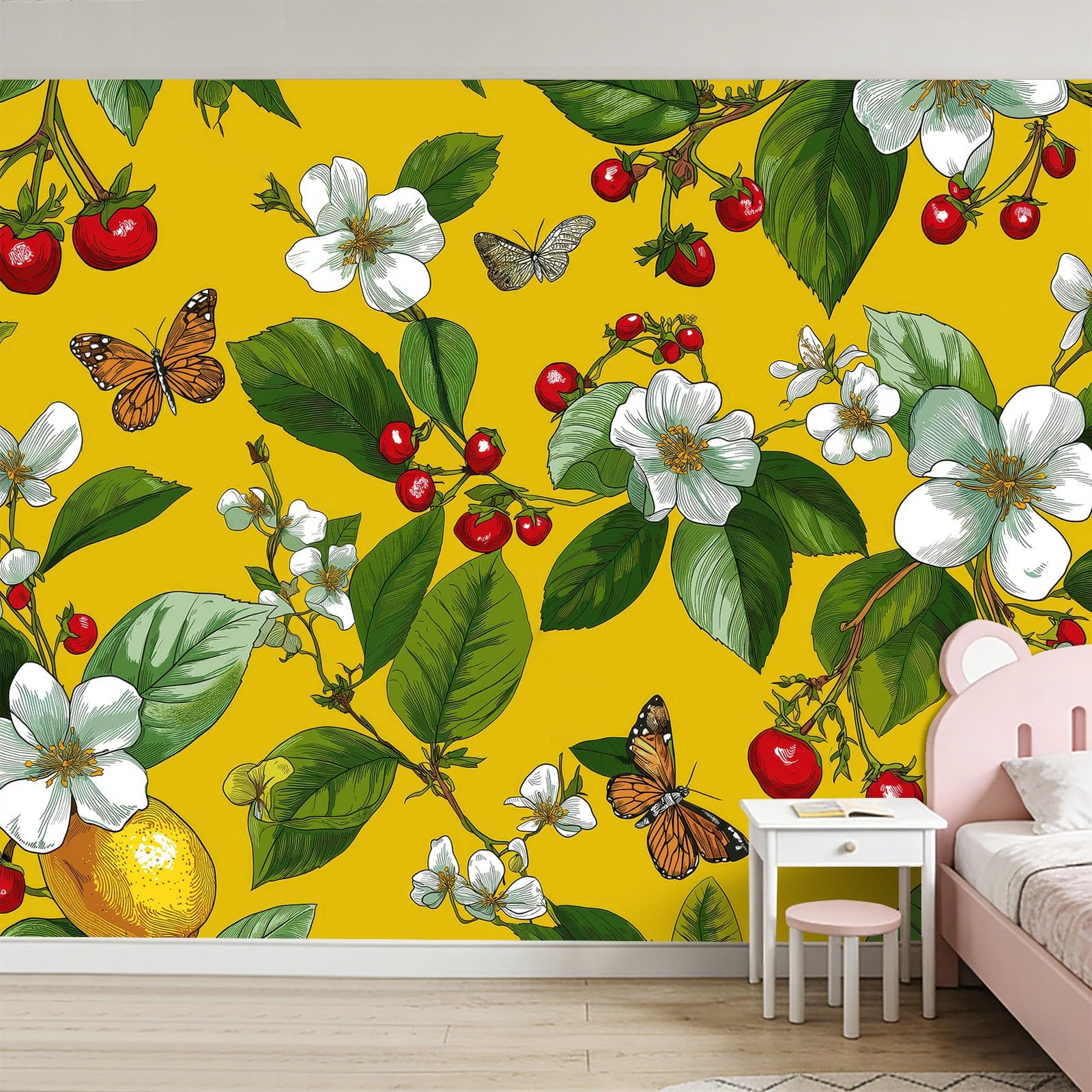 Papel pintado no tejido efecto 3D Mariquita Mariquita Bayas 450 x 280 cm XXL Papel pintado fotográfico dormitorio Tropical Papel pintado Salón Pared Decoración Pasillo Aesthetic Murales