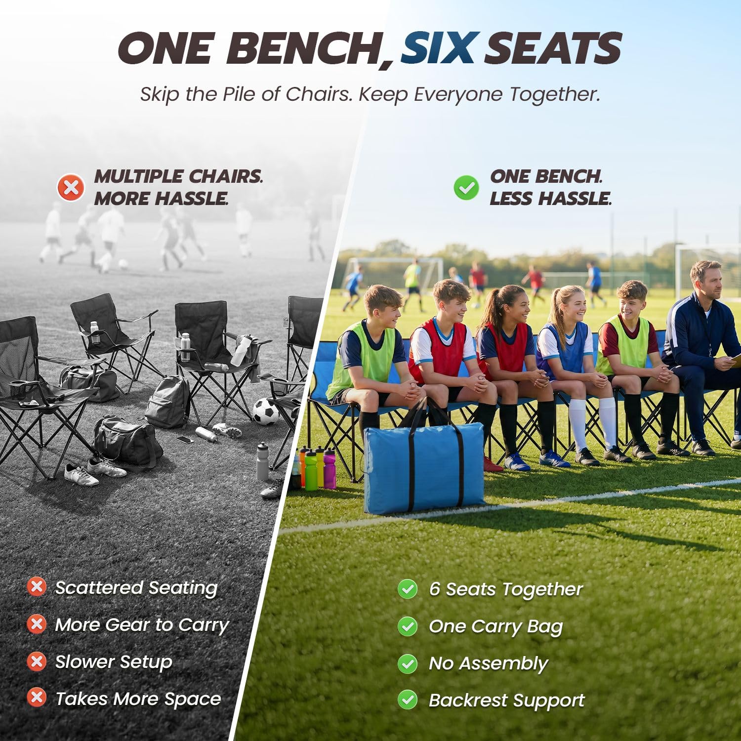 Flexzion Banc Pliant Portable 6 Places, Banc de Football Pliable, sièges Portables pour Gradins, Camping et Bord de Touche, avec Dossier et Sac de Transport, Bleu