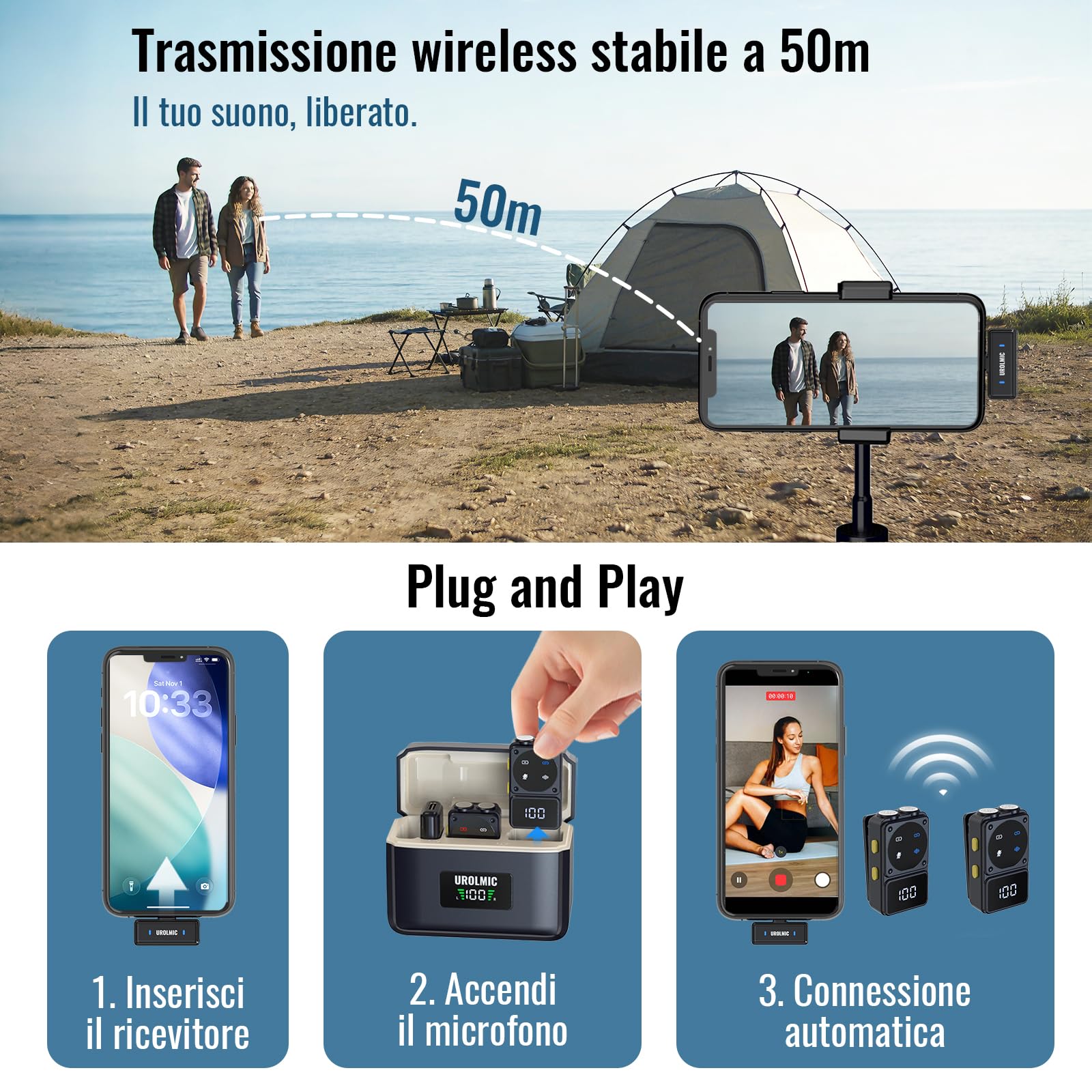 Microfono Lavalier Wireless iOS Android con Riduzione Rumore | 45H Autonomia, Custodia con Display Digitale, Trasmissione 50M per Vlog, TikTok, Streaming e Registrazione